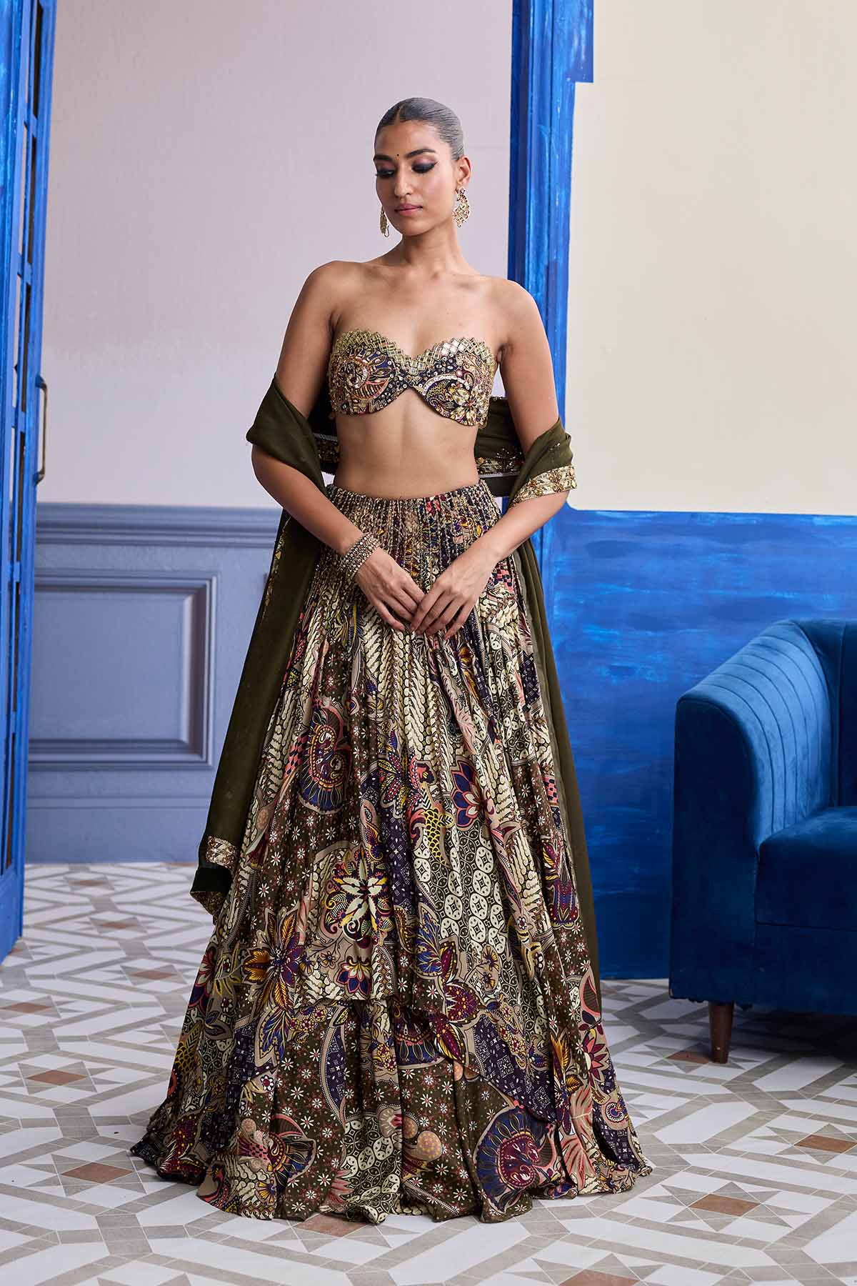Olive Print Blouse With Highlighted Lehenga & Embroidered Dupatta Set