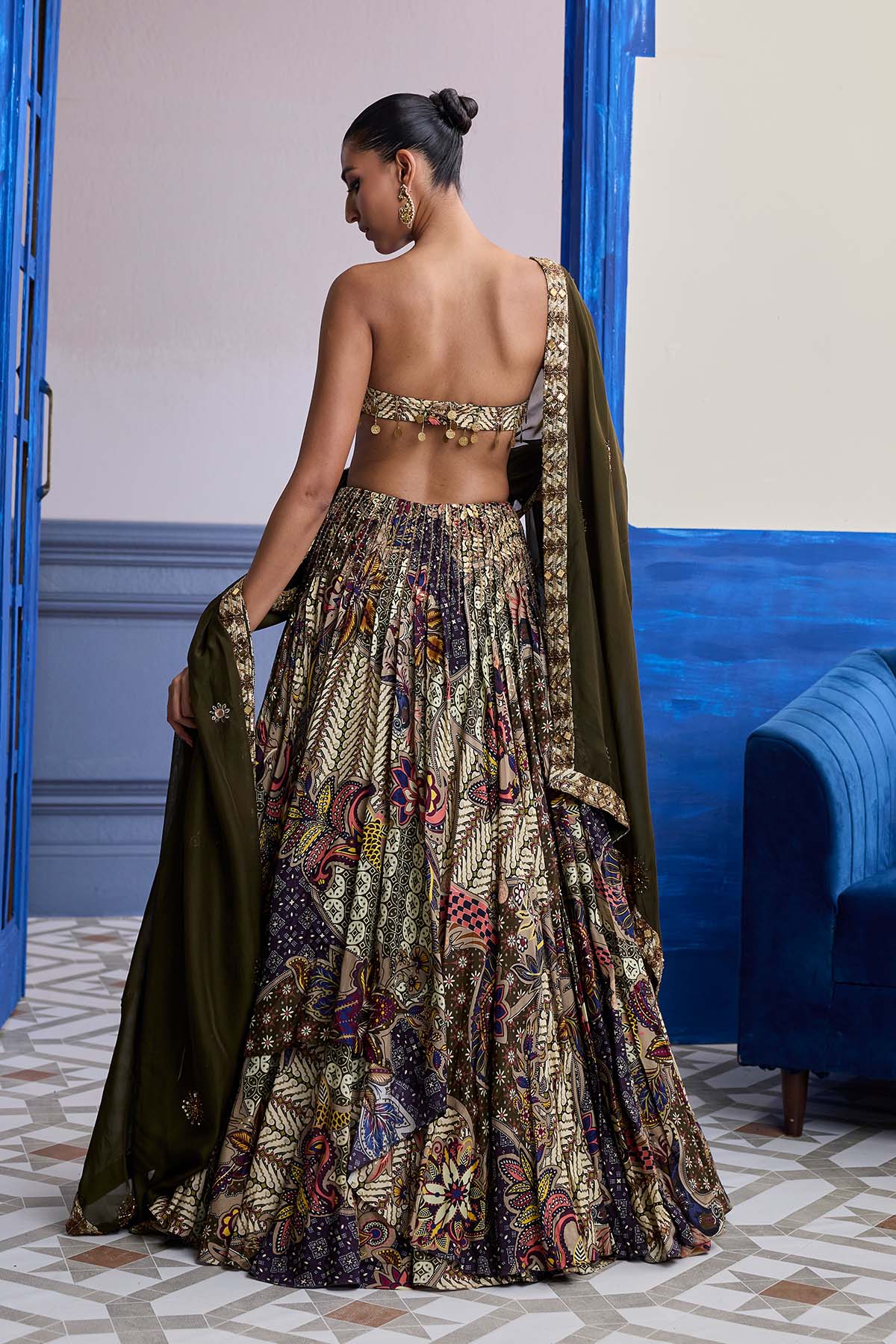 Olive Print Blouse With Highlighted Lehenga & Embroidered Dupatta Set