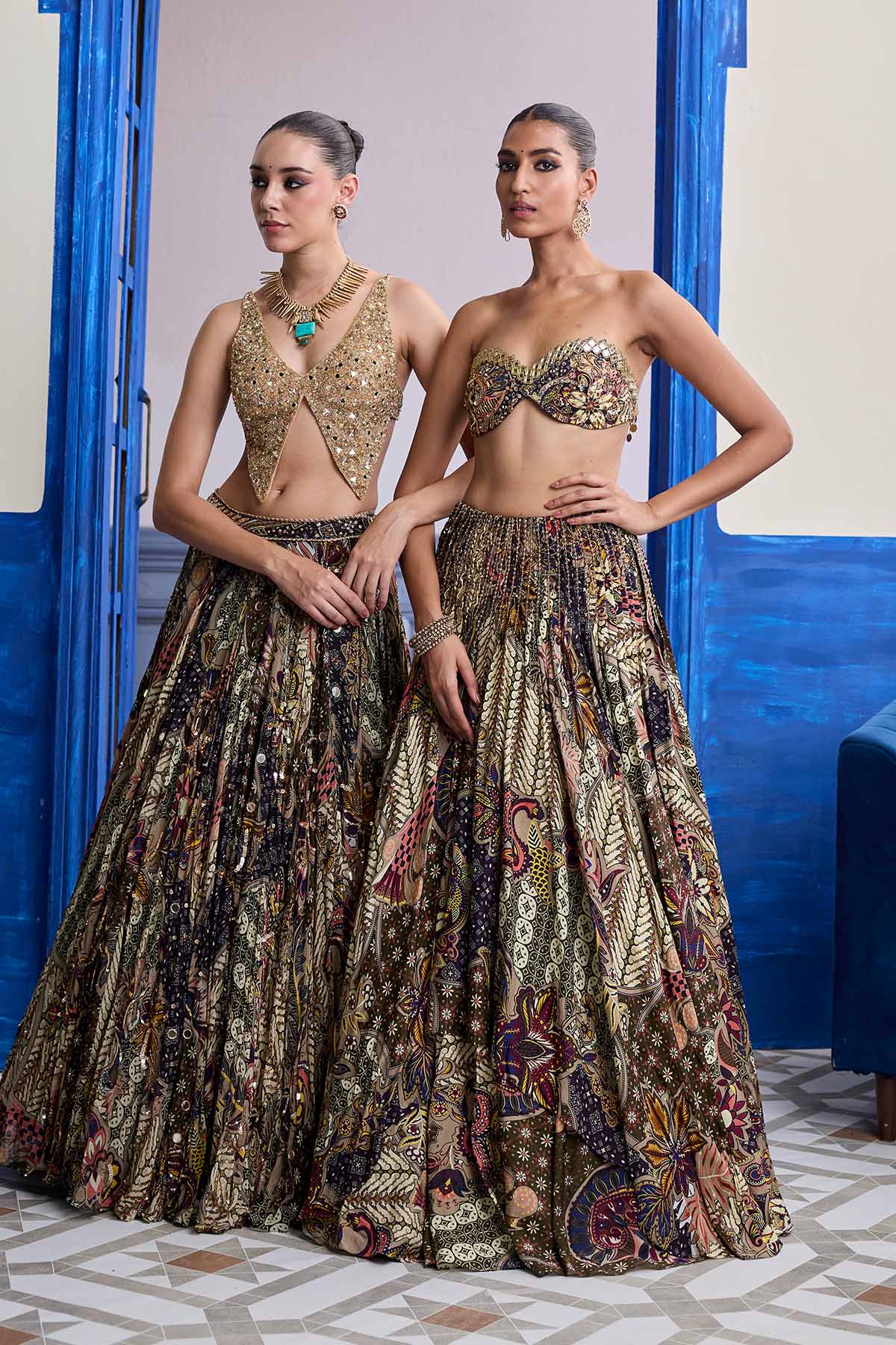Olive Print Blouse With Highlighted Lehenga & Embroidered Dupatta Set