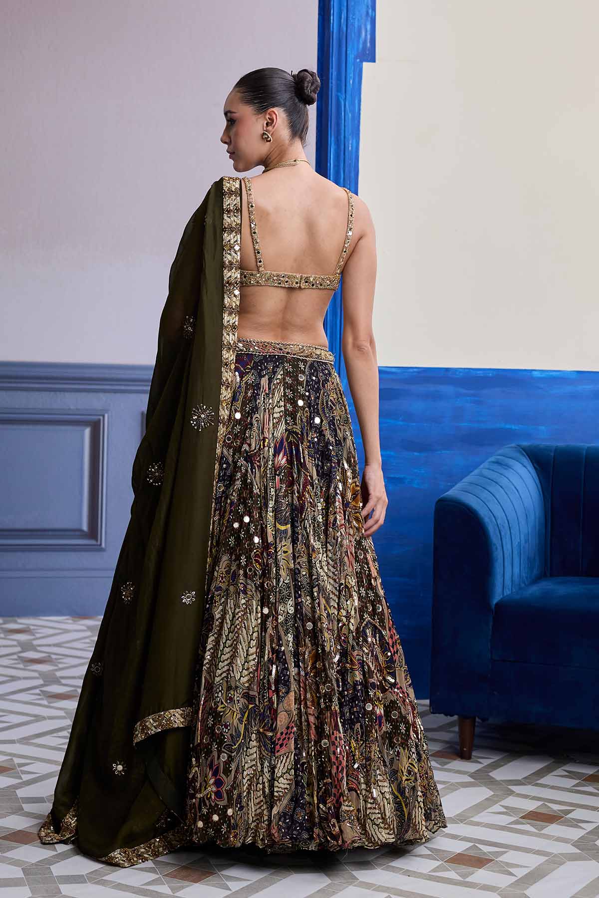 Gold Embroidered Blouse With Highlighted Lehenga & Embroidered Dupatta Set