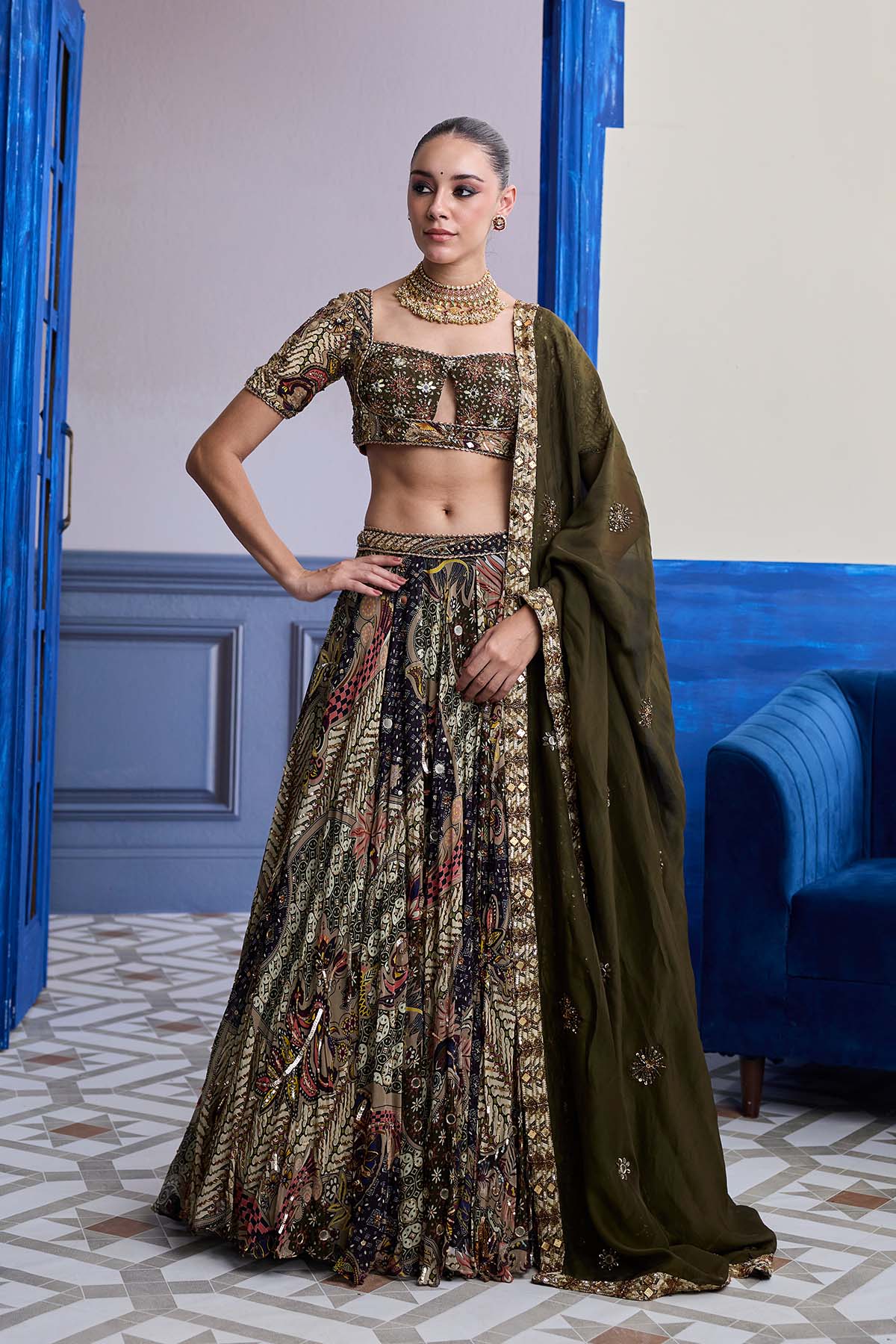 Olive Print Blouse With Highlighted Lehenga & Embroidered Dupatta Set