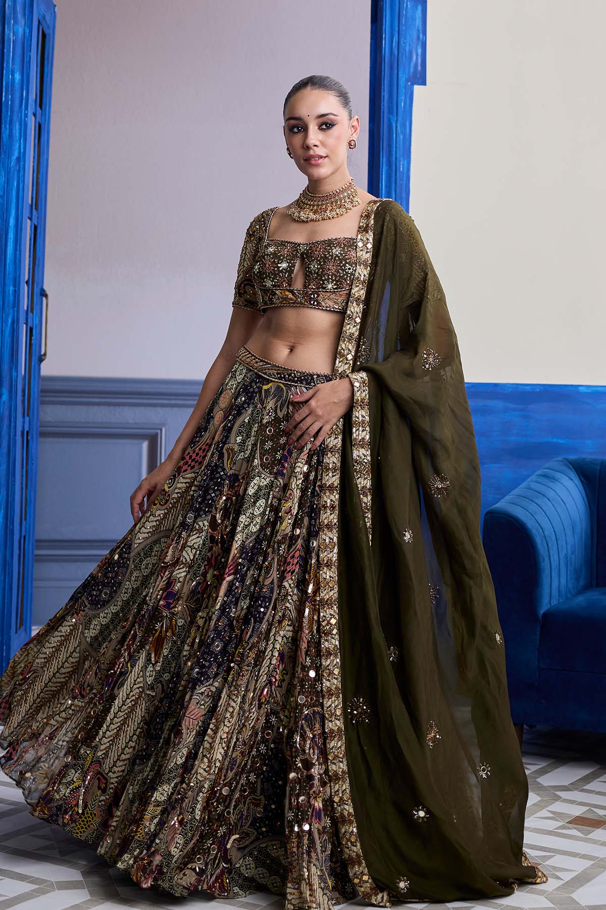 Olive Print Blouse With Highlighted Lehenga & Embroidered Dupatta Set