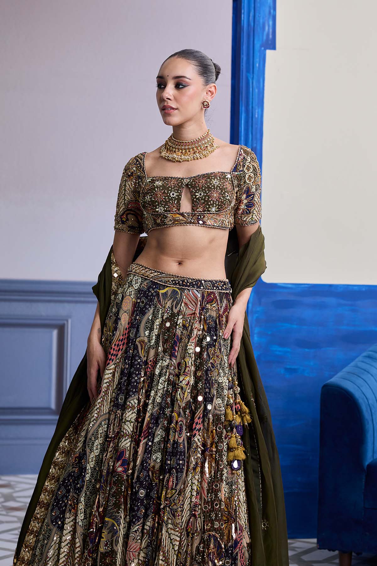 Olive Print Blouse With Highlighted Lehenga & Embroidered Dupatta Set