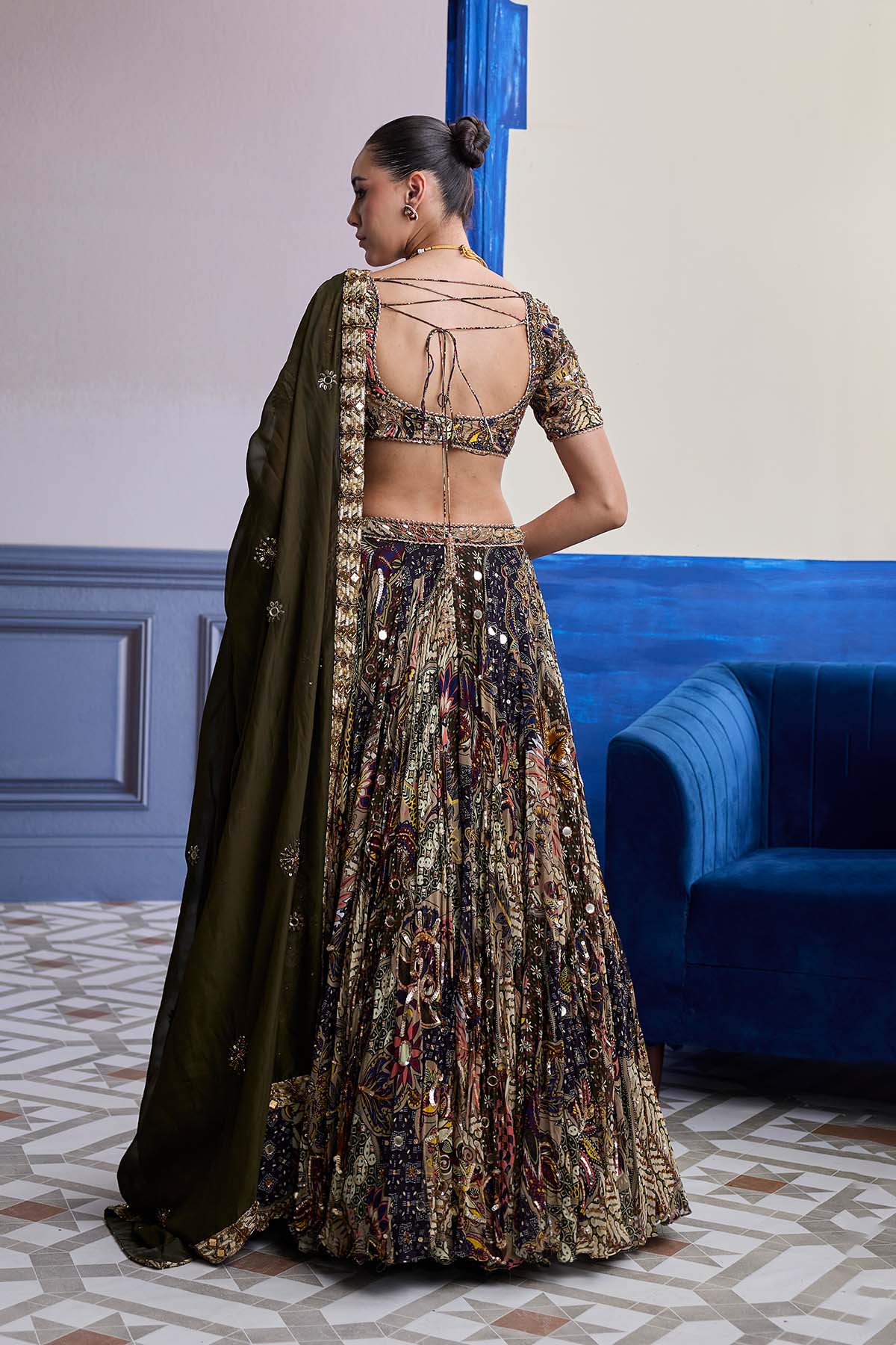 Olive Print Blouse With Highlighted Lehenga & Embroidered Dupatta Set