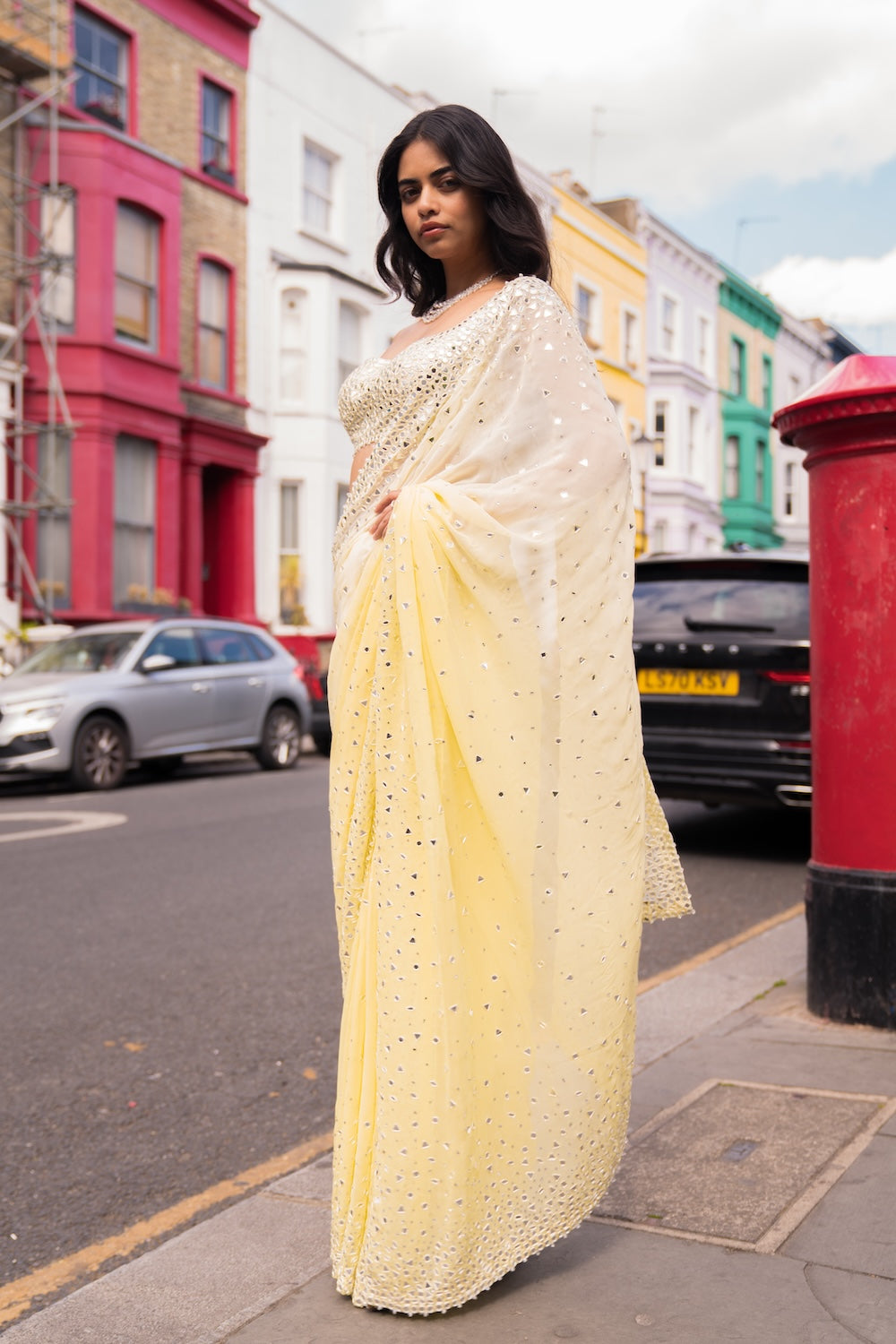 Ombré Lemon Mirror Work Saree