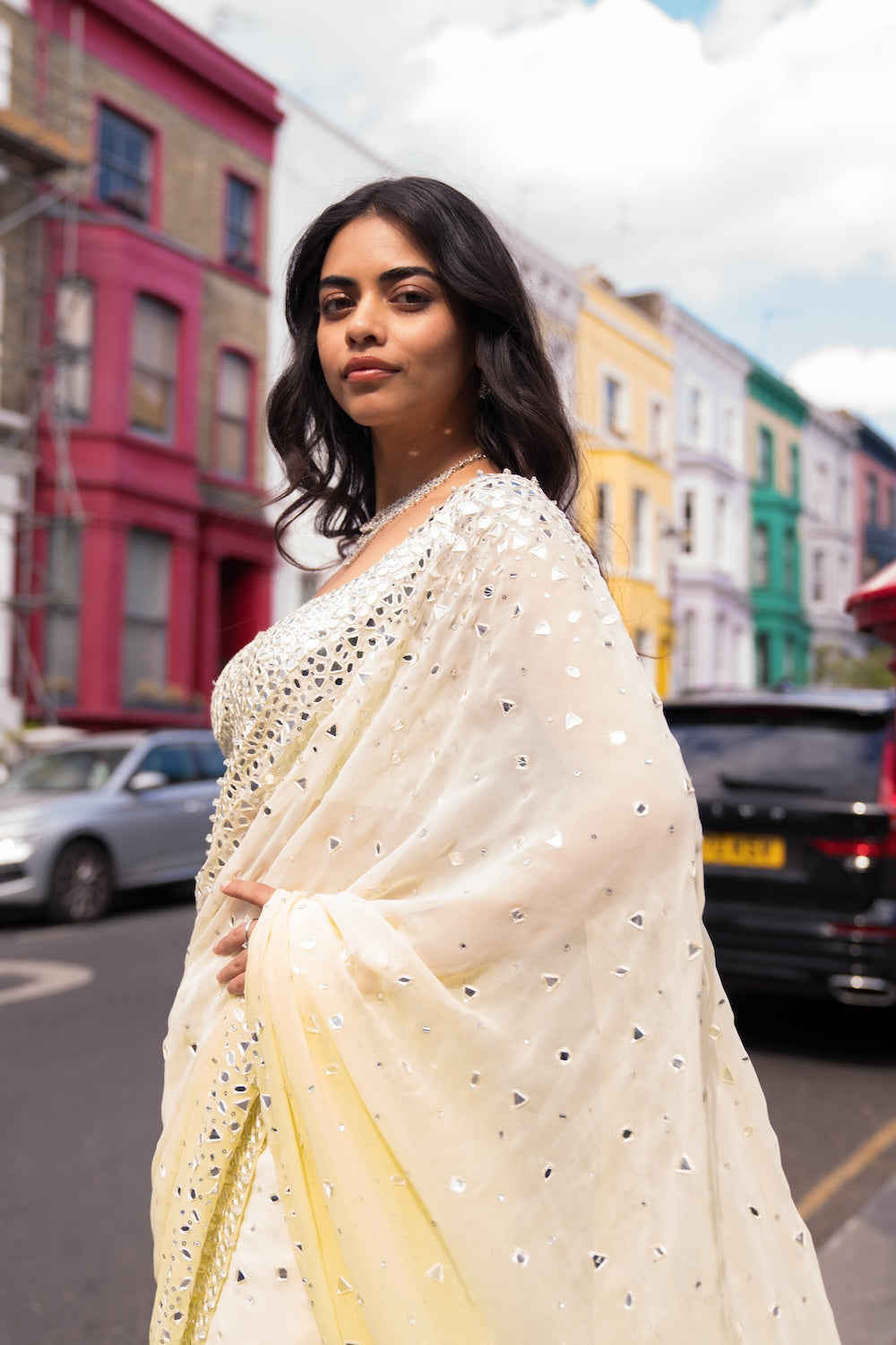 Ombré Lemon Mirror Work Saree