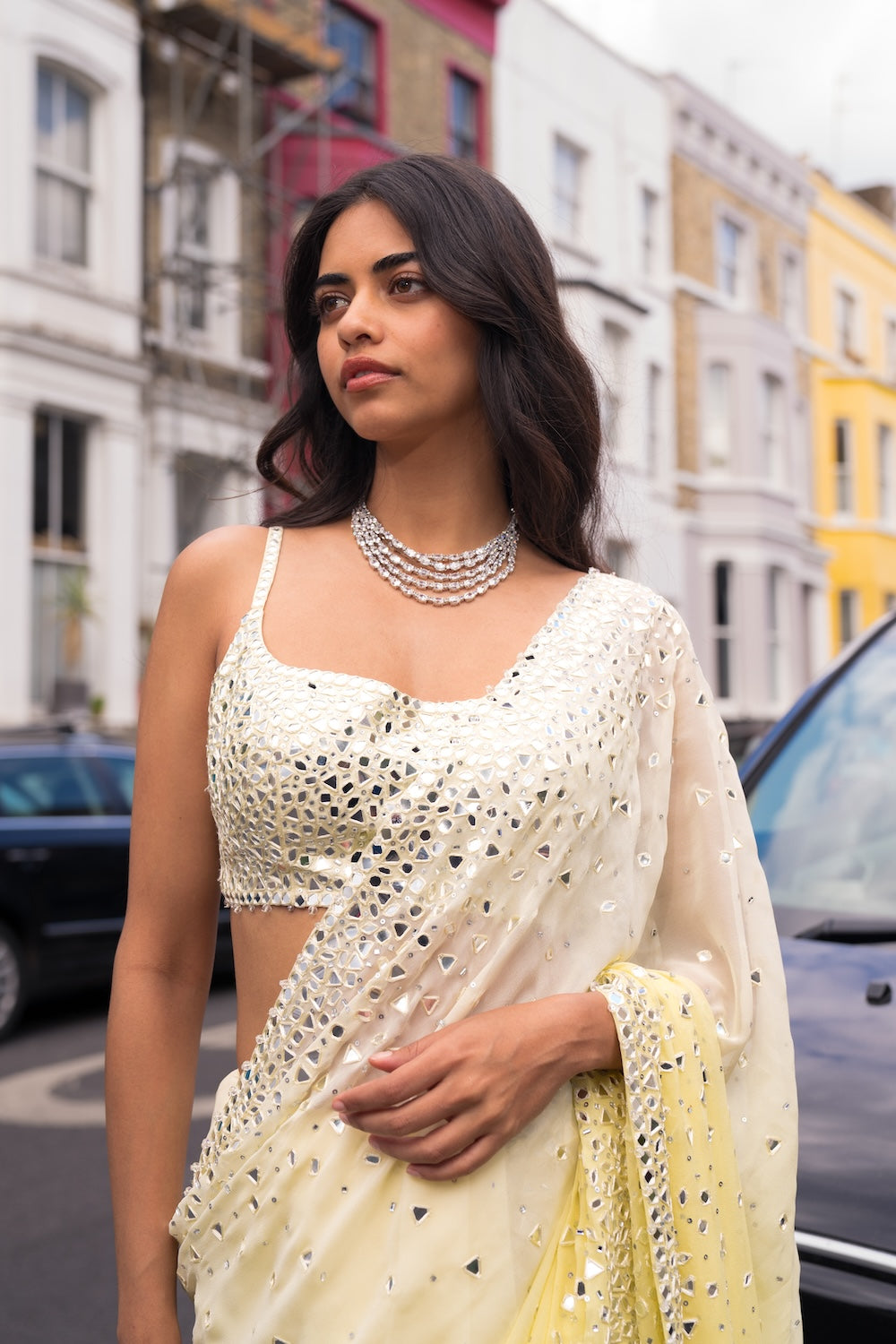 Ombré Lemon Mirror Work Saree