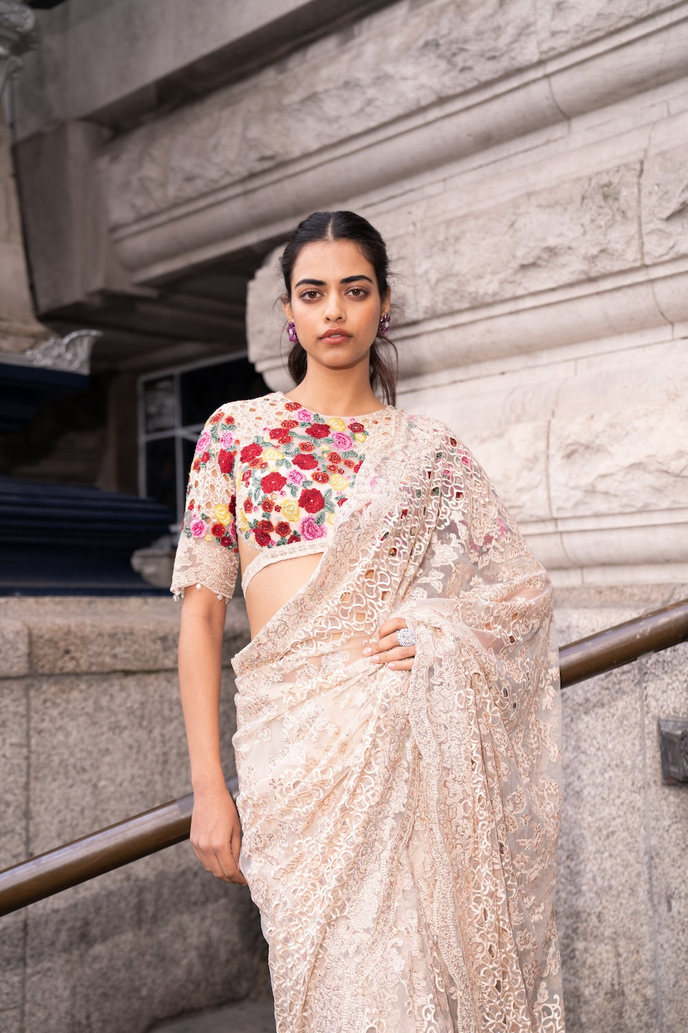 Beige Multi-Coloured Thread Work Saree