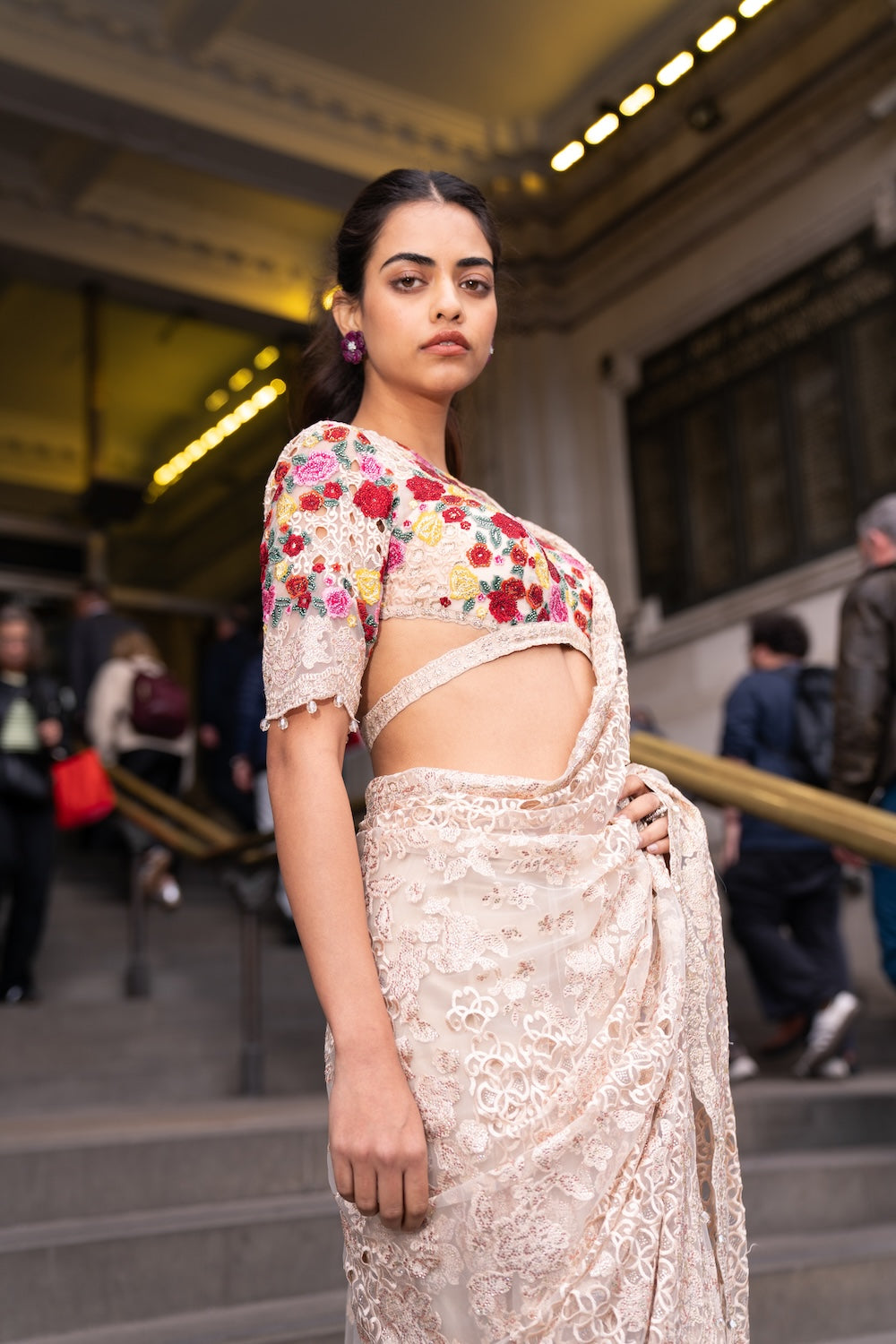Beige Multi-Coloured Thread Work Saree