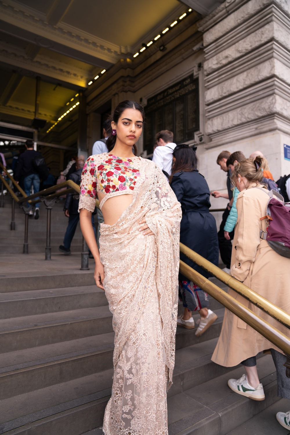 Beige Multi-Coloured Thread Work Saree