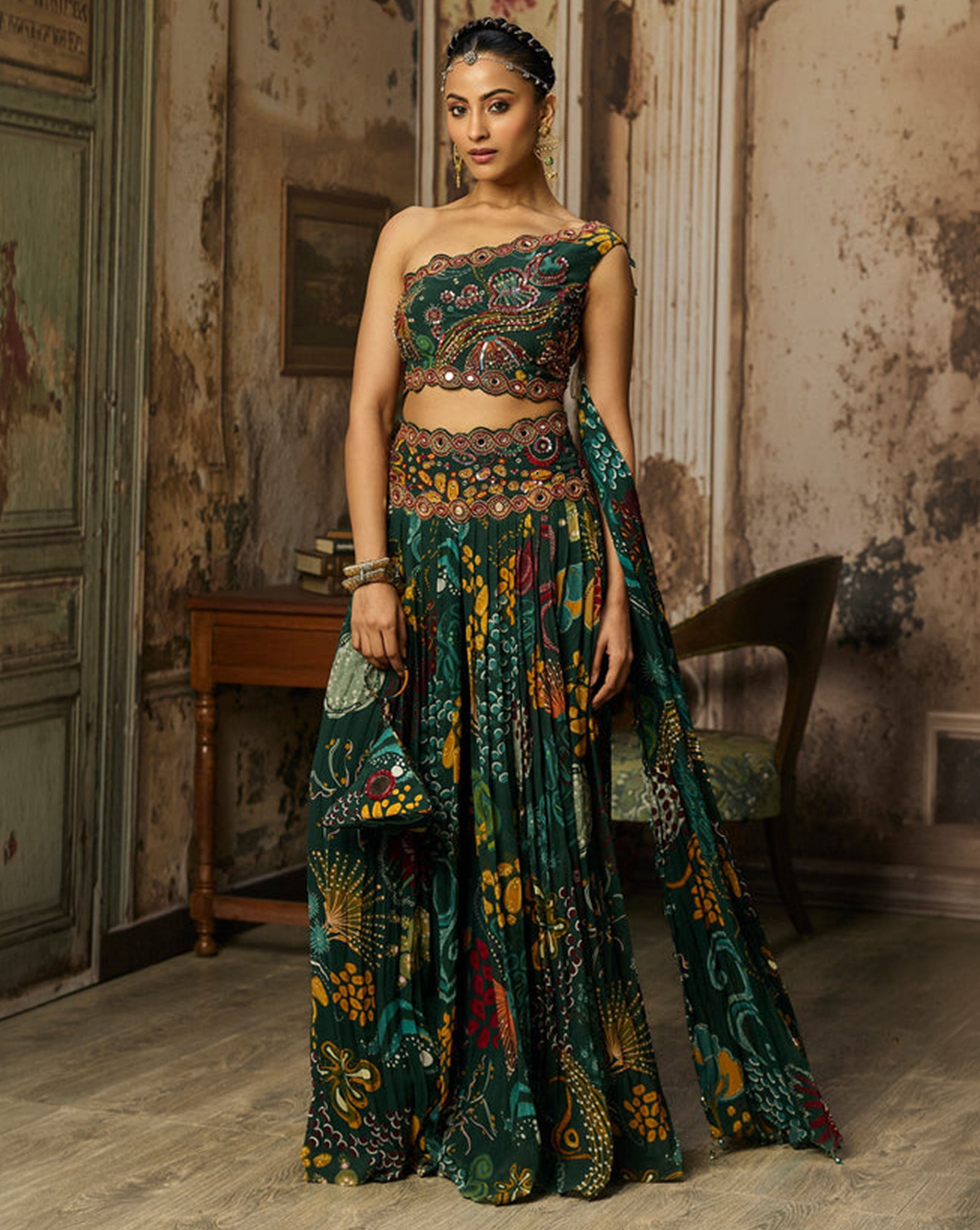 Dark Green Print And Highlighted Pleated Pants Set - Ready to Ship