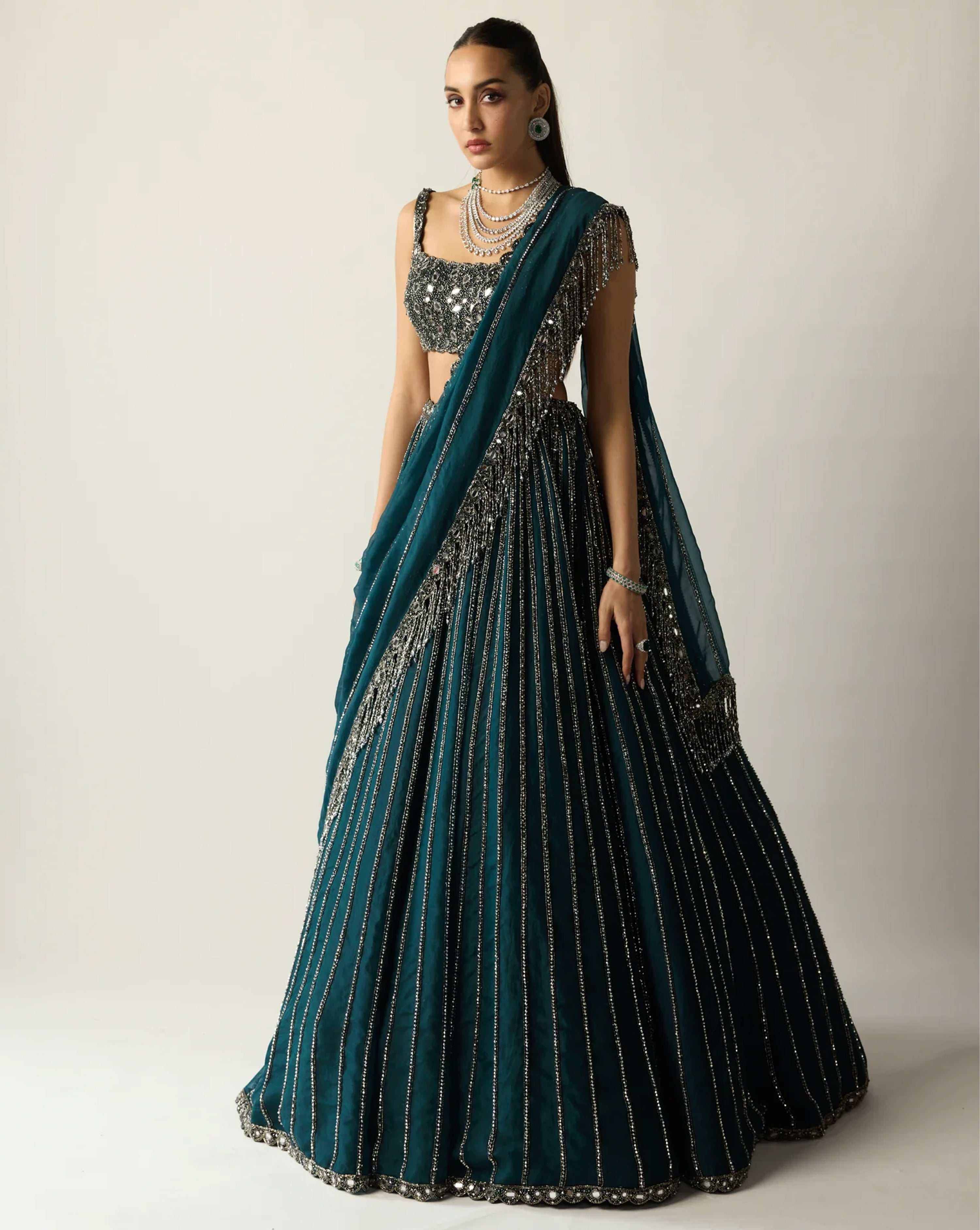 Dark Teal Linear Lehenga Set