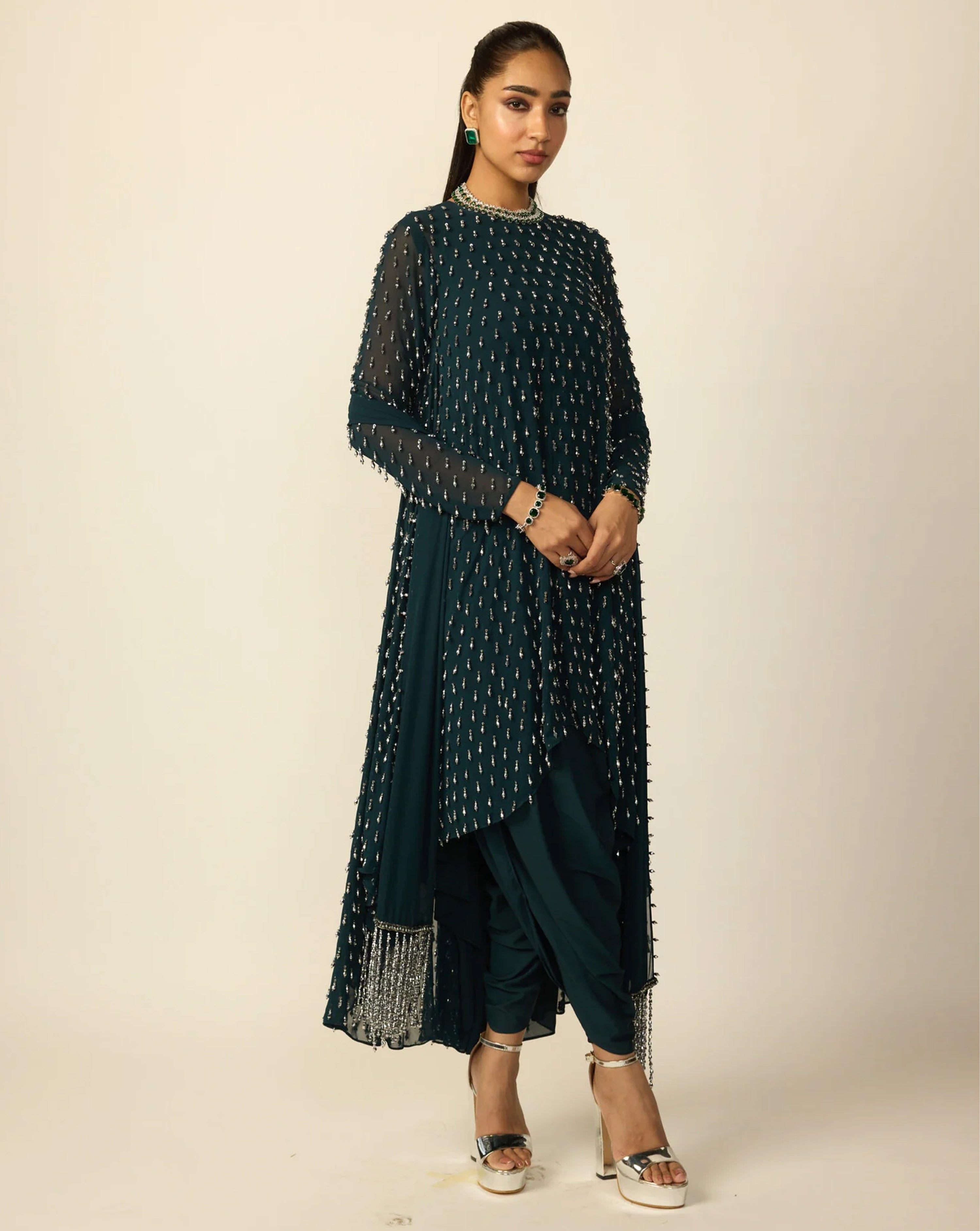 Dark Teal Silver Drop Kurta With Stole