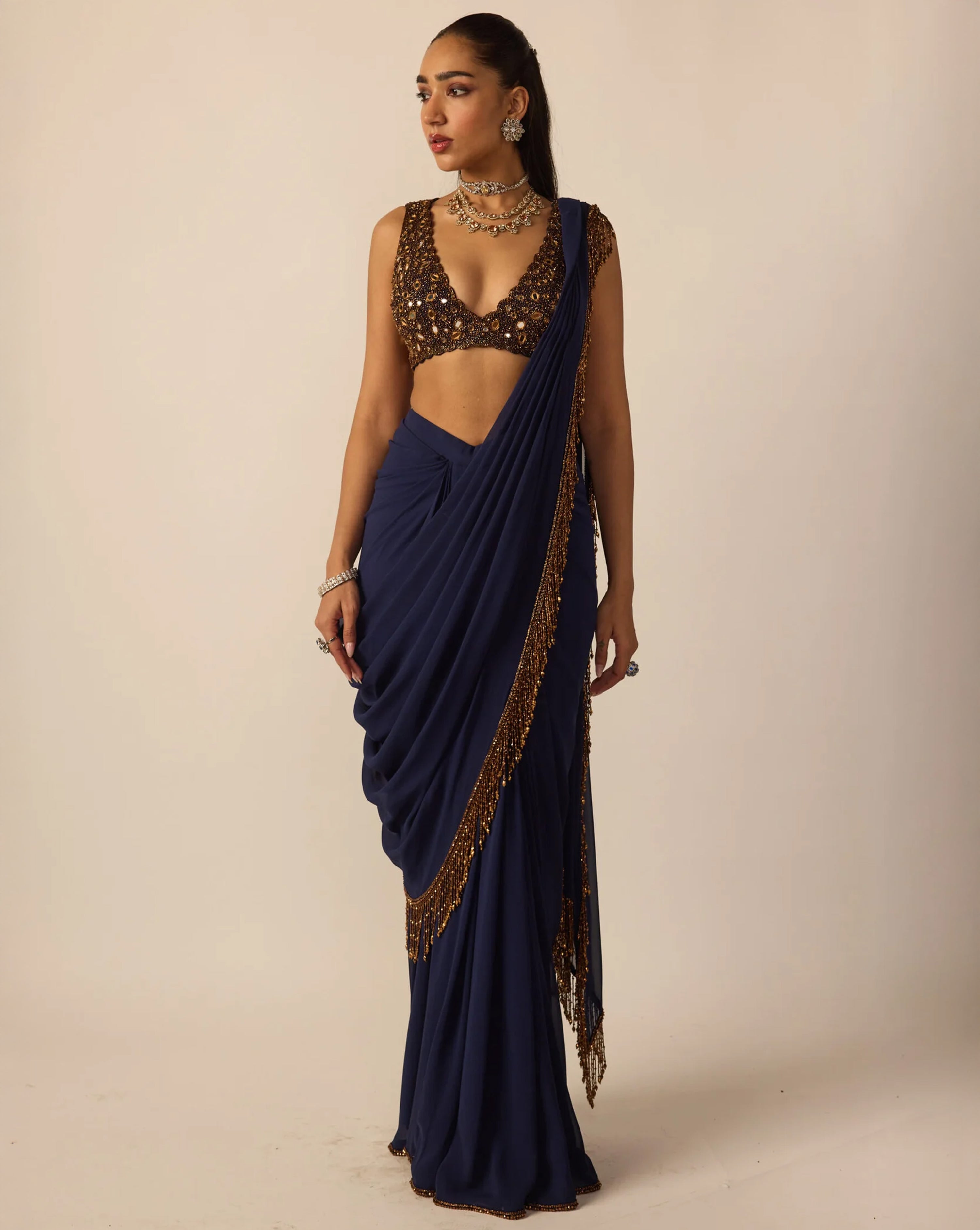 Deep Blue Georgette Tassel Saree
