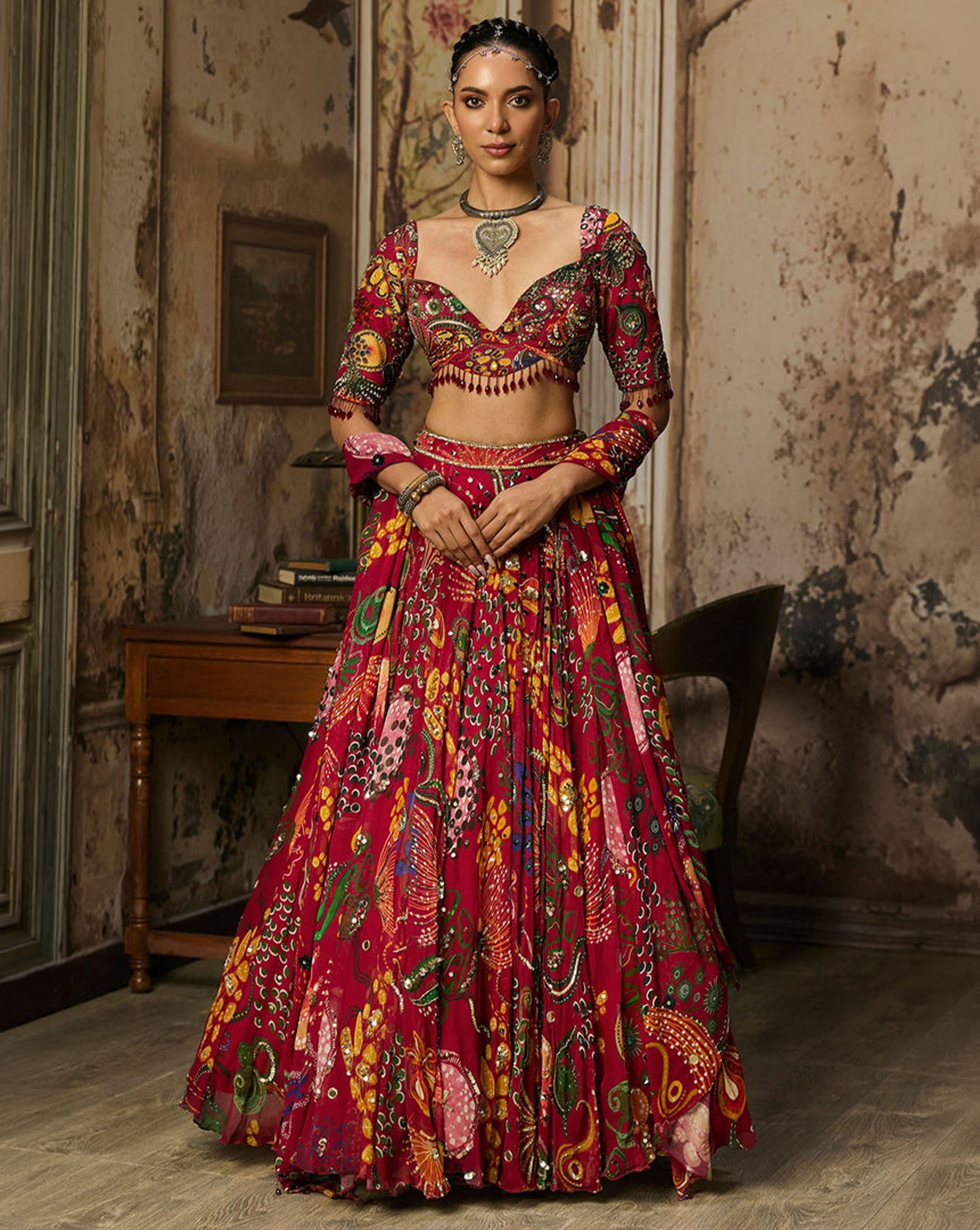 Deep Red Printed And Highlighted Lehenga Set - Ready to Ship