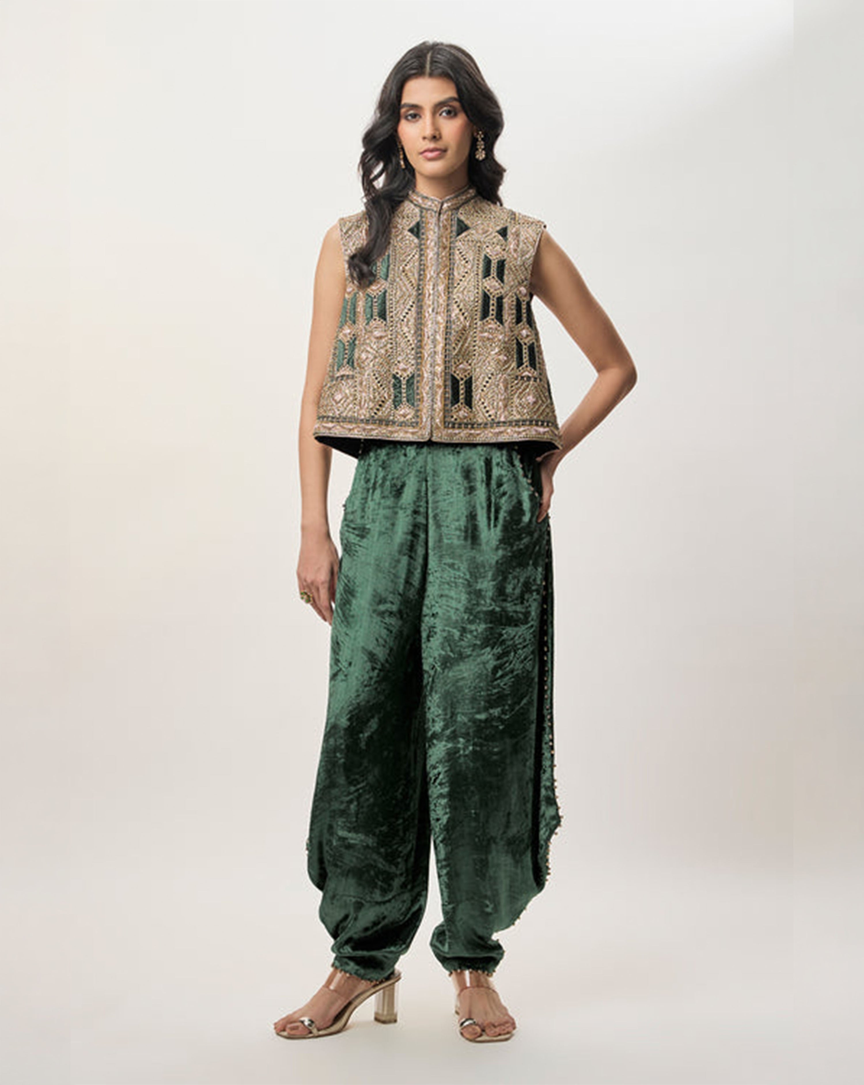 Delnaz Emerald Green Georgette Embroidered Sleeveless Jacket And Velvet Balloon Pants