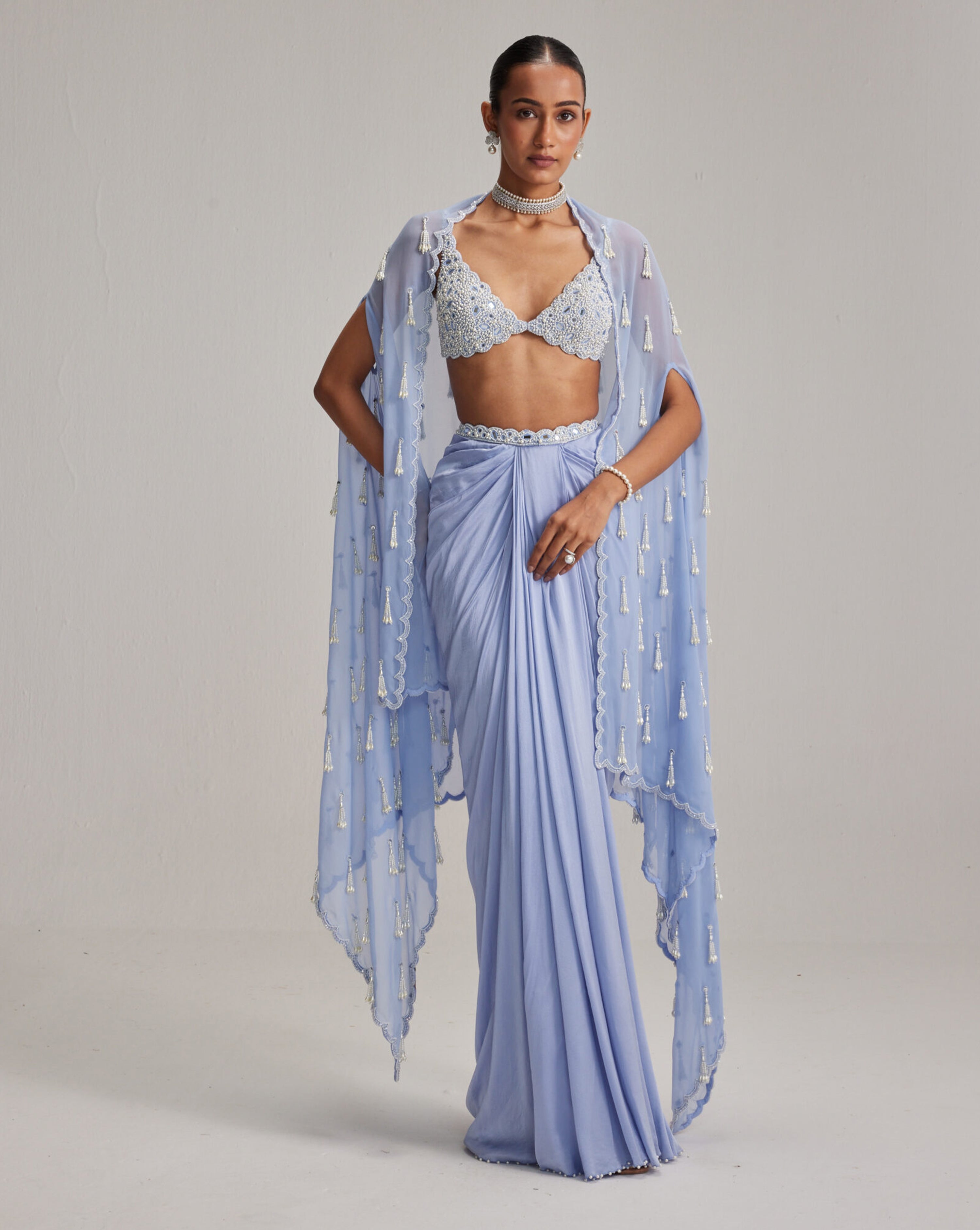 Dew Blue Cape And Satin draped skirt Set
