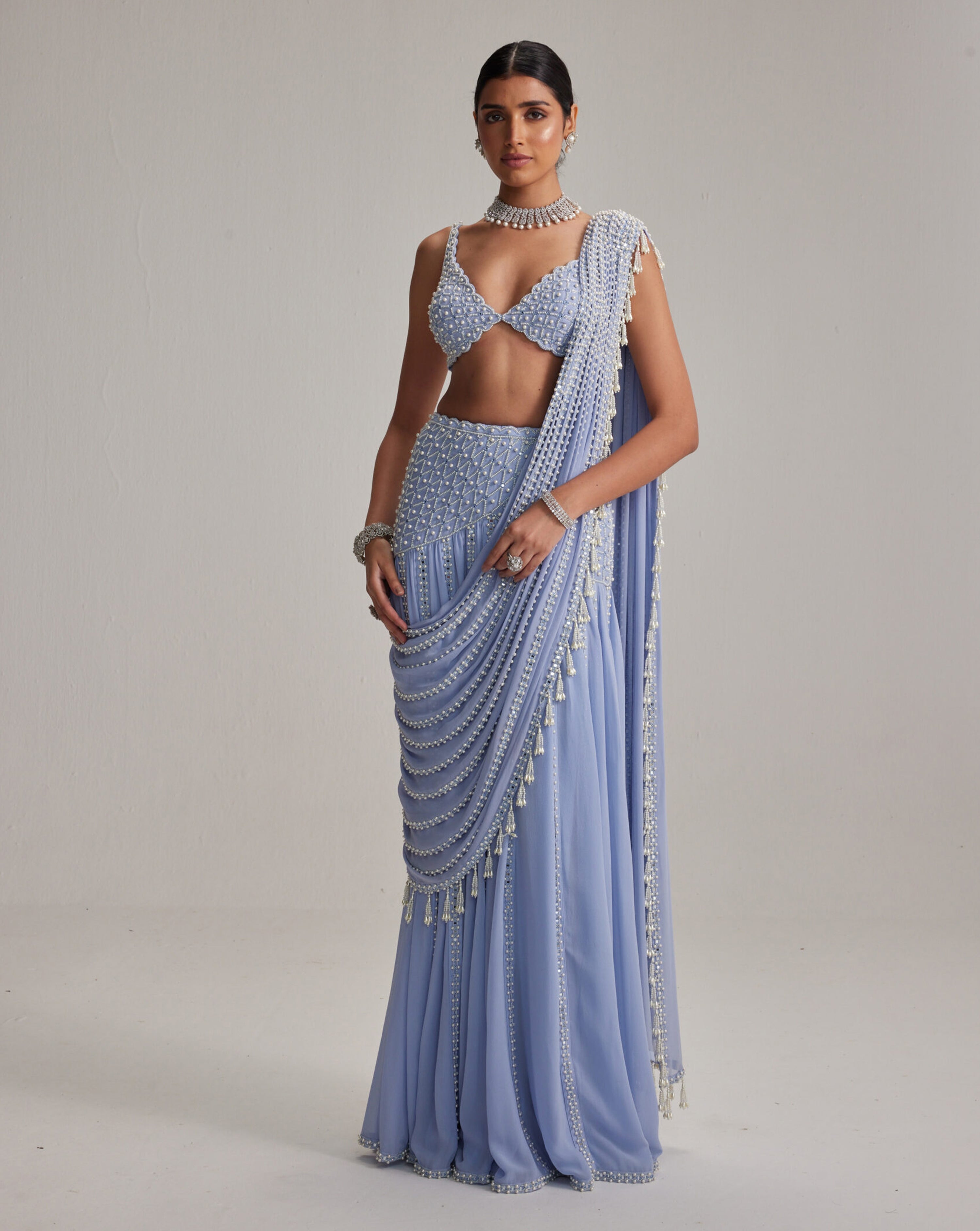 Dew Blue Linear Mirror And Pearl Embroidered Draped Saree Set