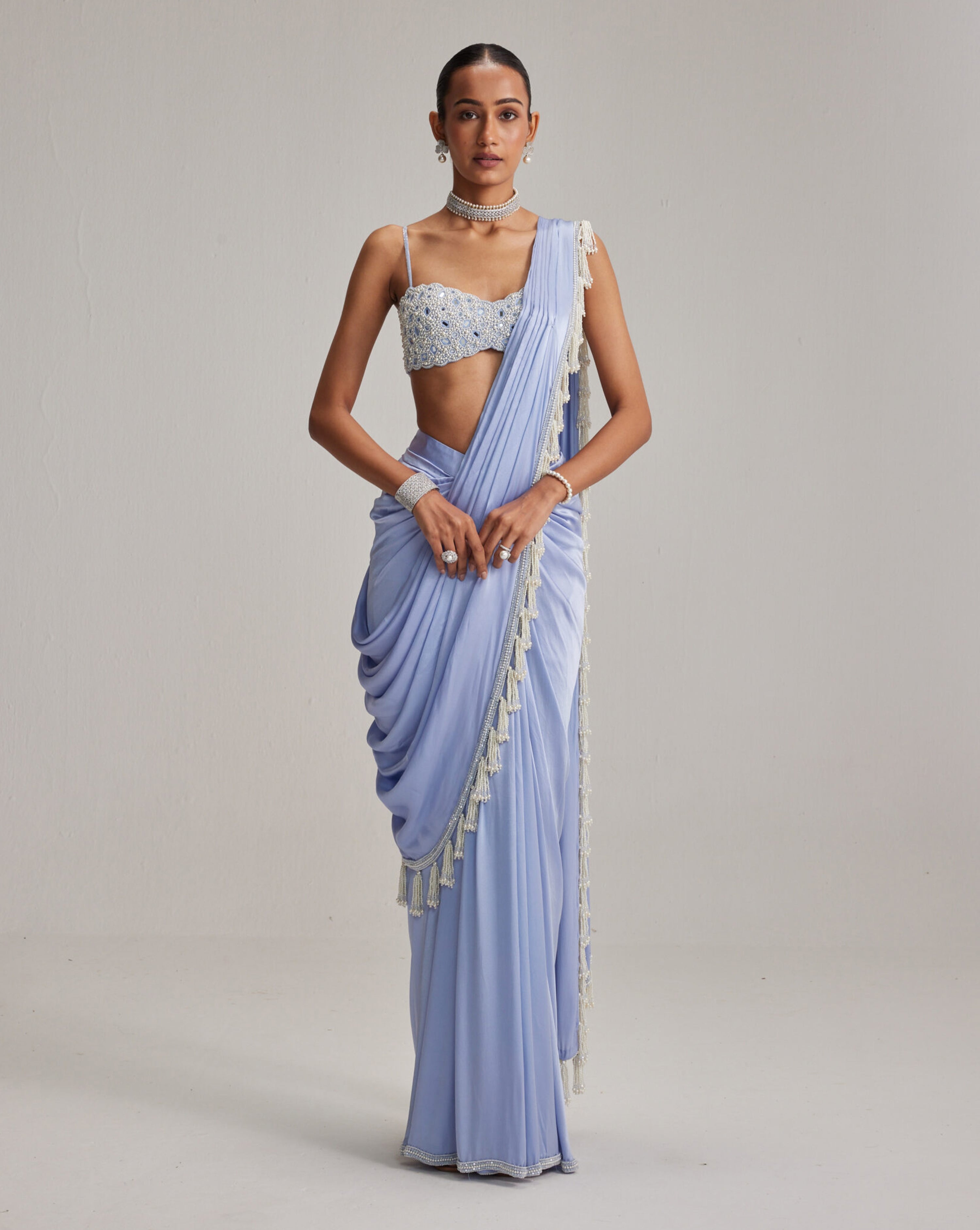 Dew Blue Satin draped Saree Set
