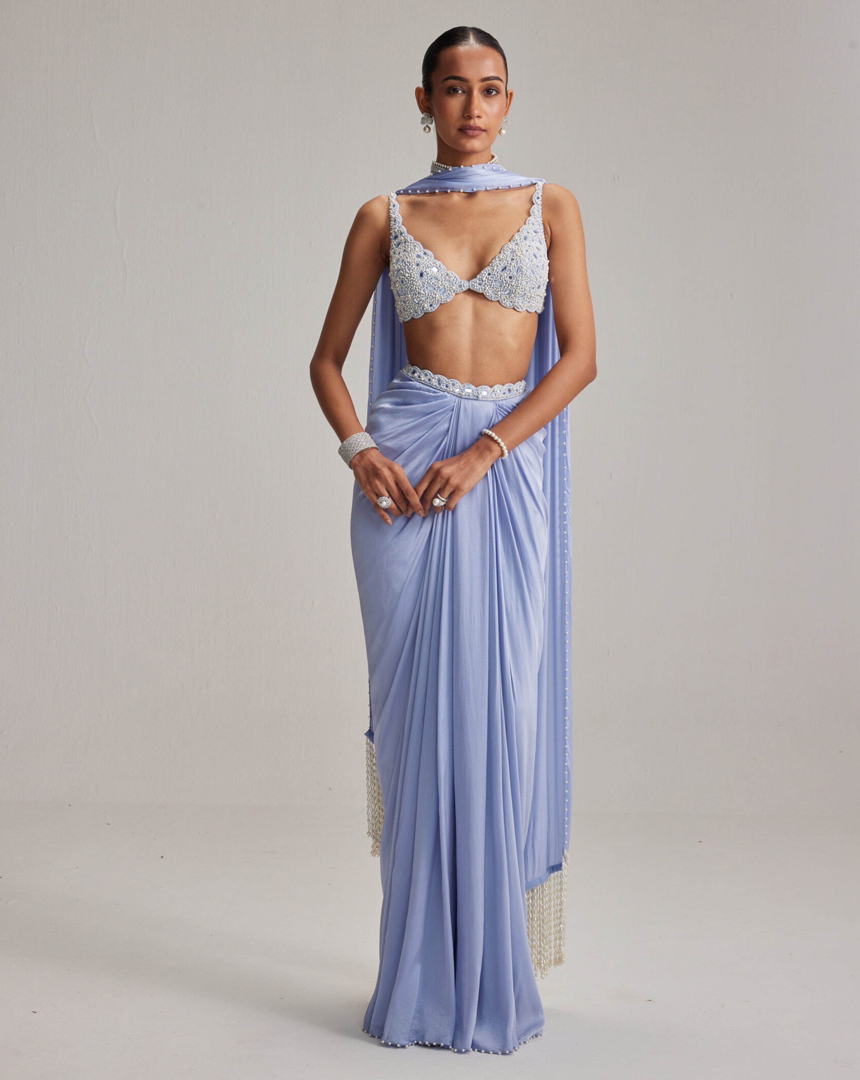 Dew Blue Satin draped skirt Set