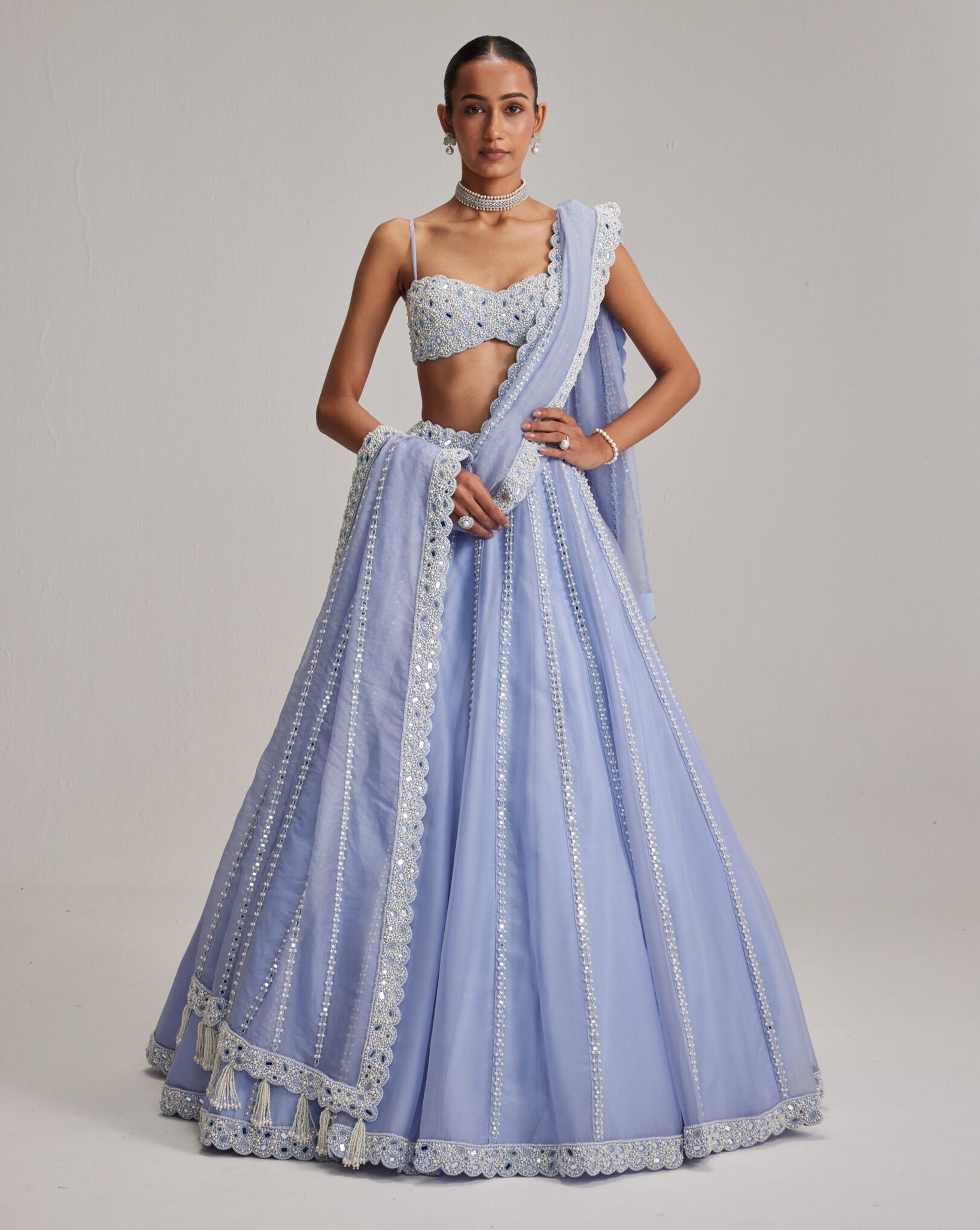 Dew Blue linear Mirror Organza Lehenga Set