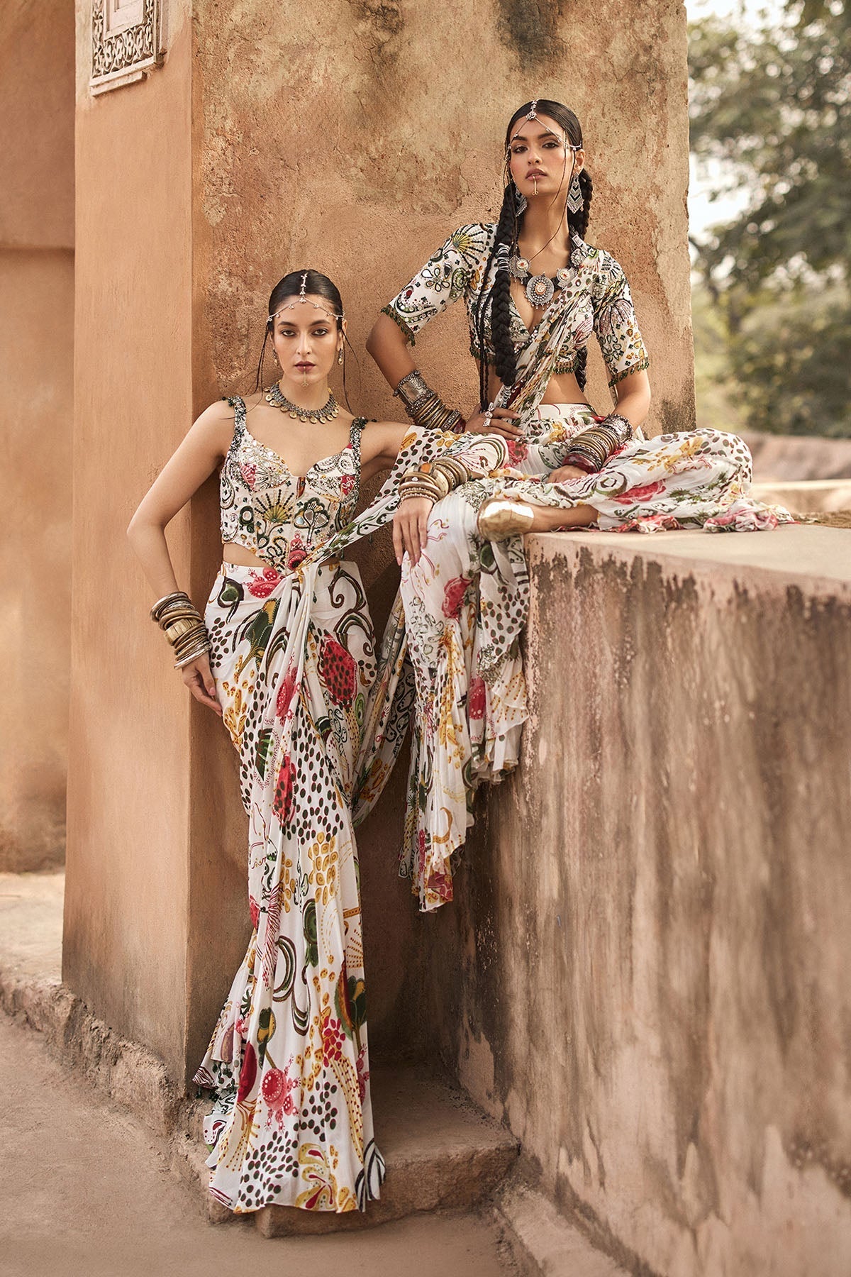 Ivory Print And Highlighted Corset With  Dhoti Skirt Saree Set