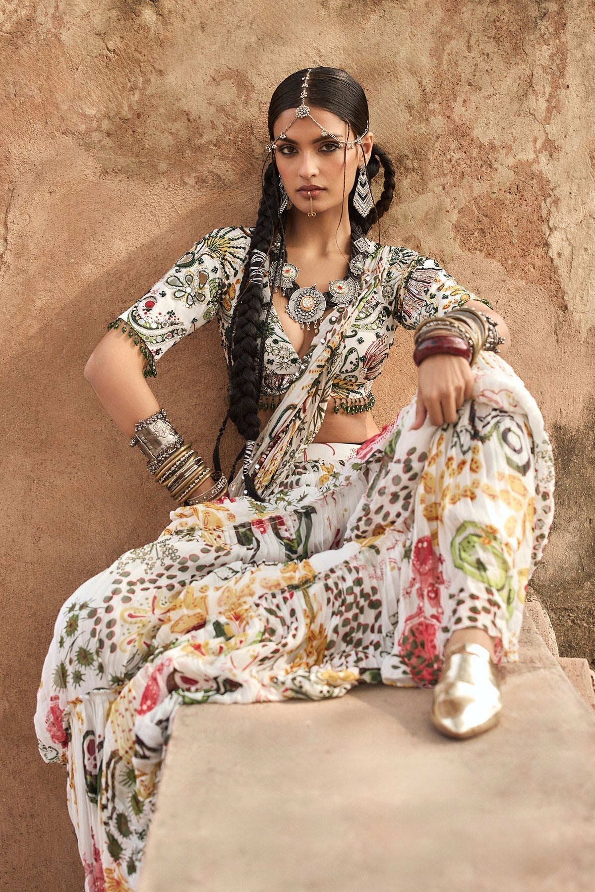 Ivory Print And Highlighted Tiered Skirt Saree Set