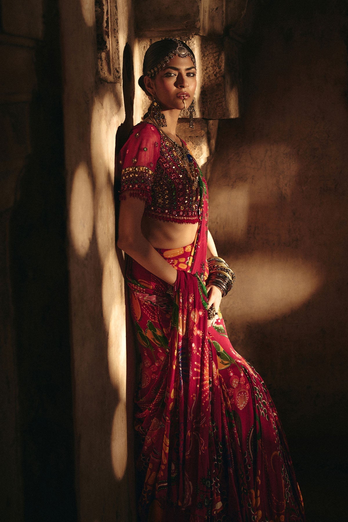 Deep Red Embroidered Blouse With Mermaid Skirt Saree Set