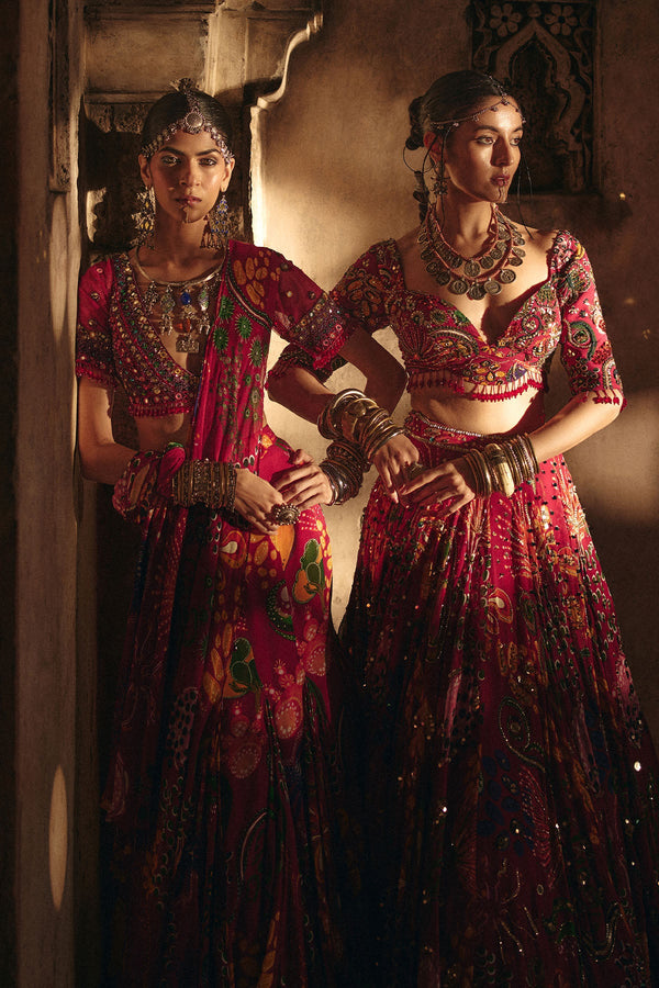 Deep Red Printed And Highlighted Lehenga Set - Ready to Ship
