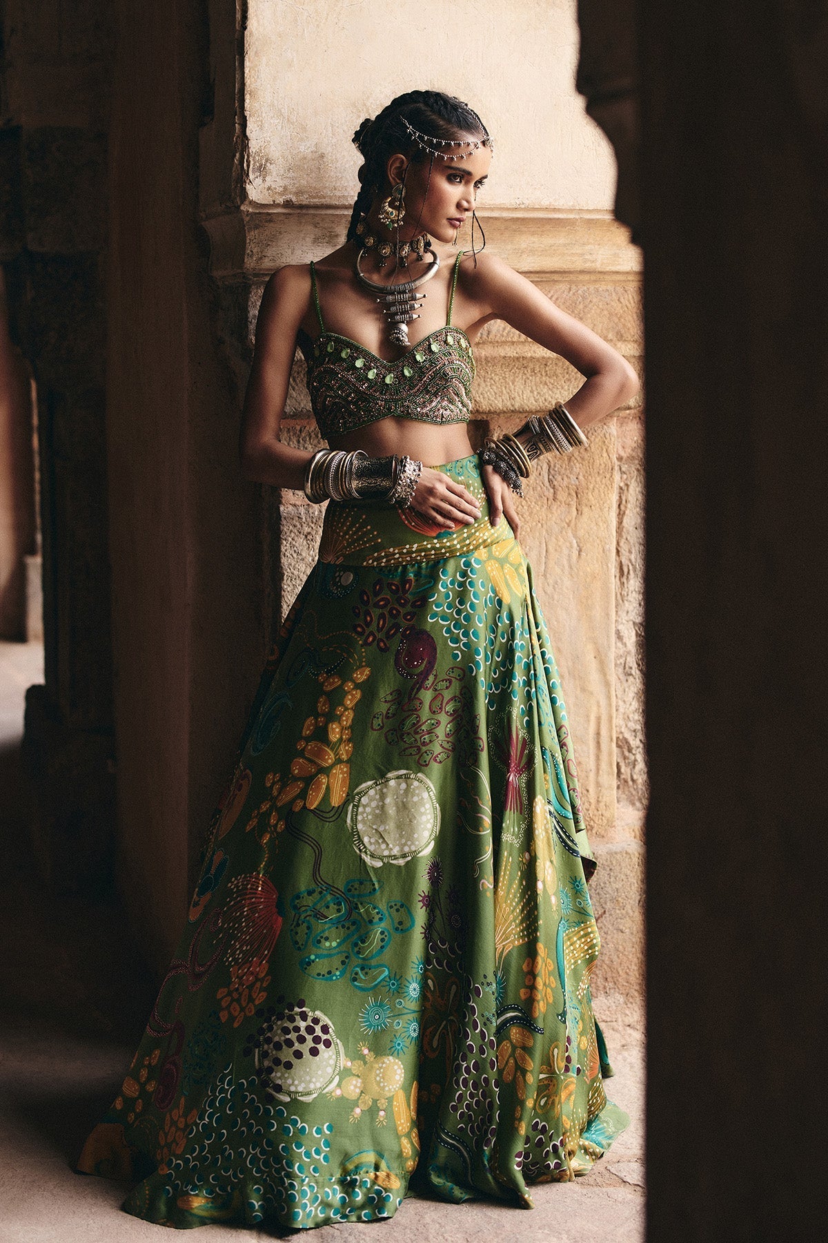 Pear Green Embroidered Blouse And Cowl Skirt Set
