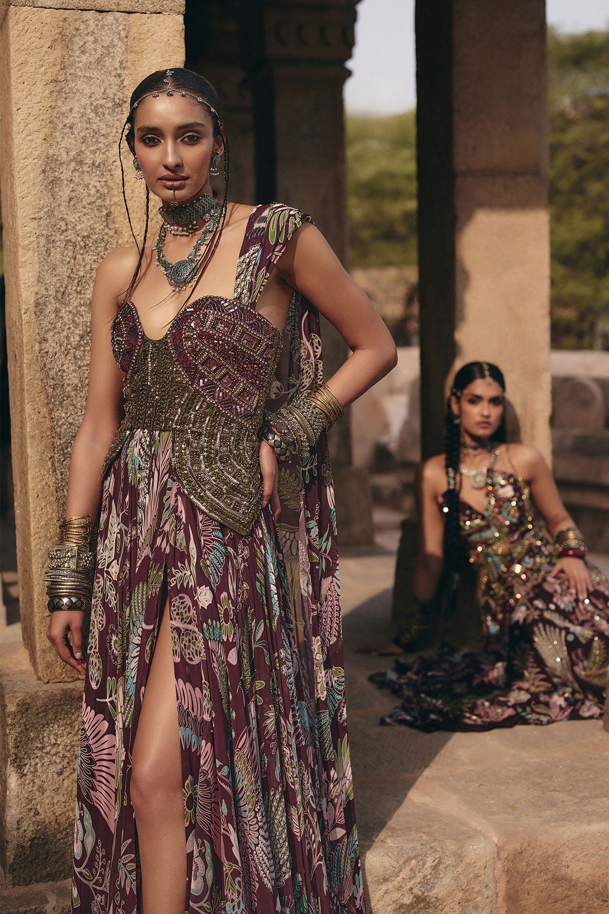 Plum Printed And Embroidered Drape Gown Saree