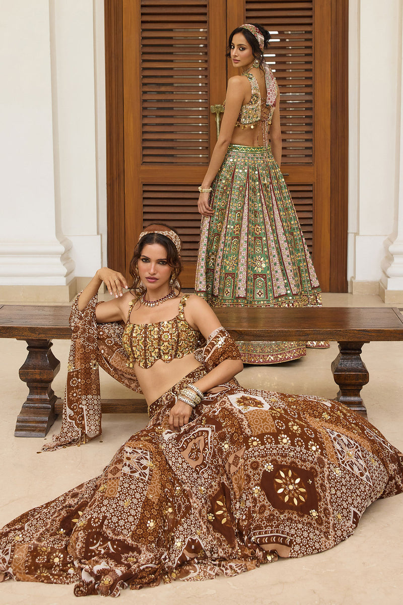 Sage-Maroon Print And Highlighted Lehenga Set - Ready to Ship