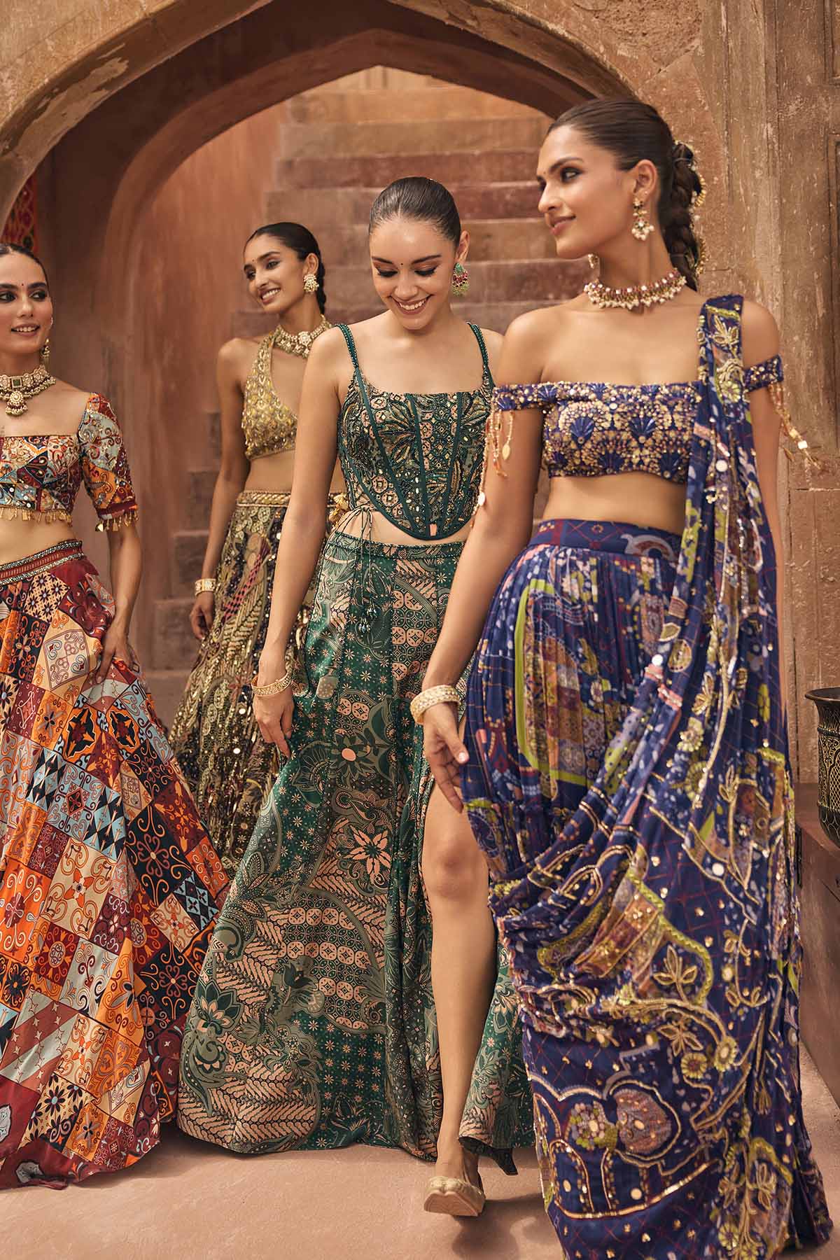Violet Mosaic Off-shoulder Blouse With Drape Tiered Skirt Saree Set