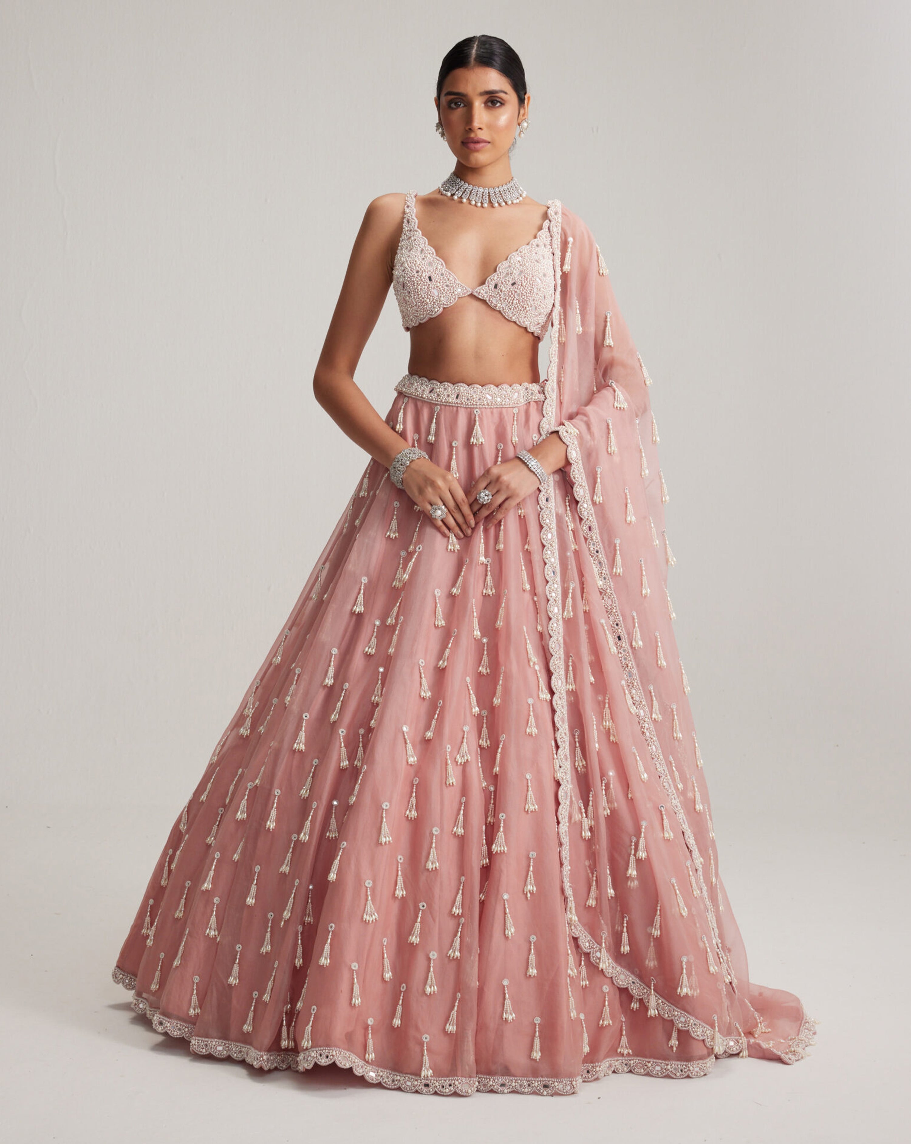Dusty Rose Organza Long pearl tassels lehenga set