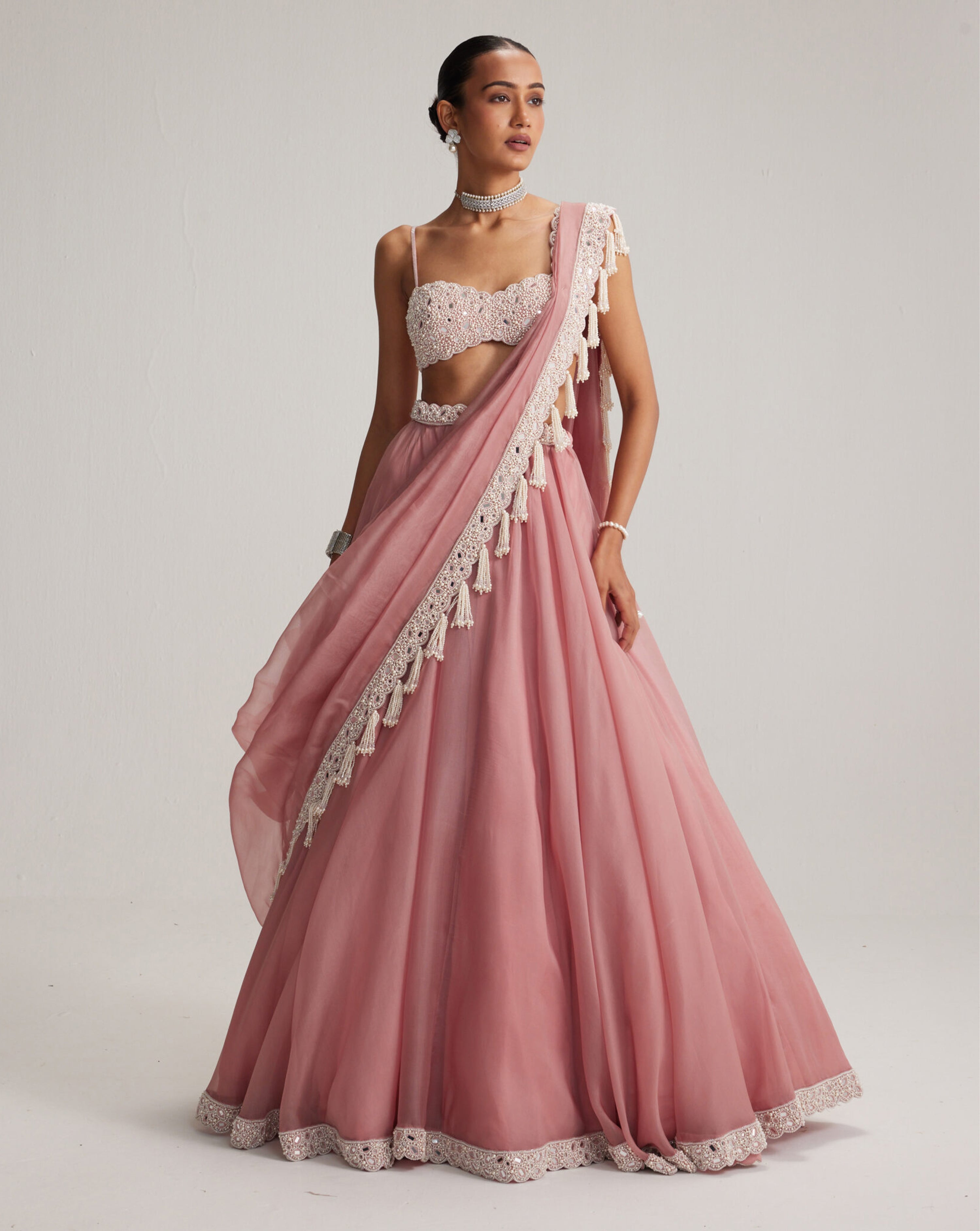 Dusty Rose Organza mirror and pearl lehenga set