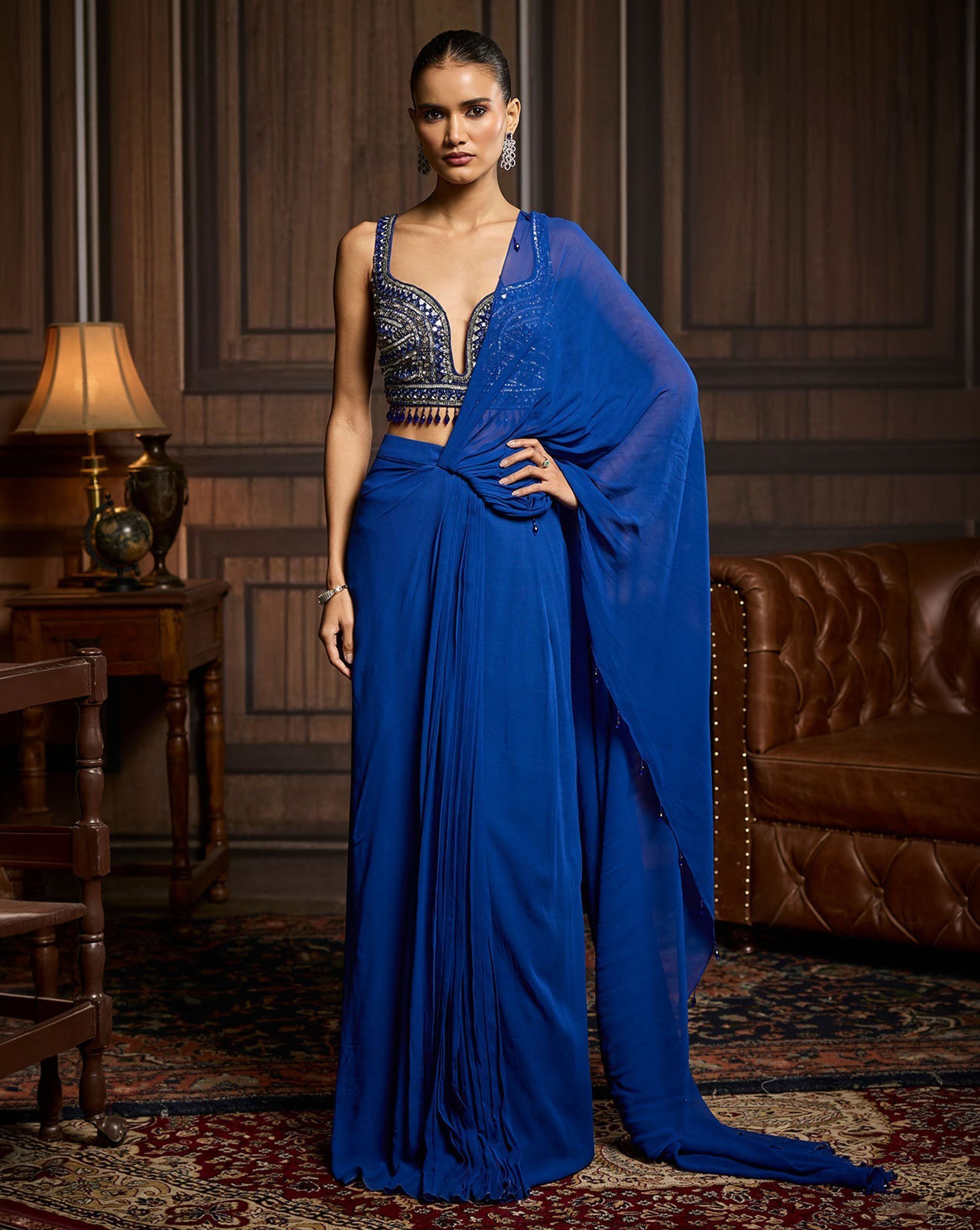 Electric Blue Embellished Blouse And Pre-Draped Dhoti Saree Set
