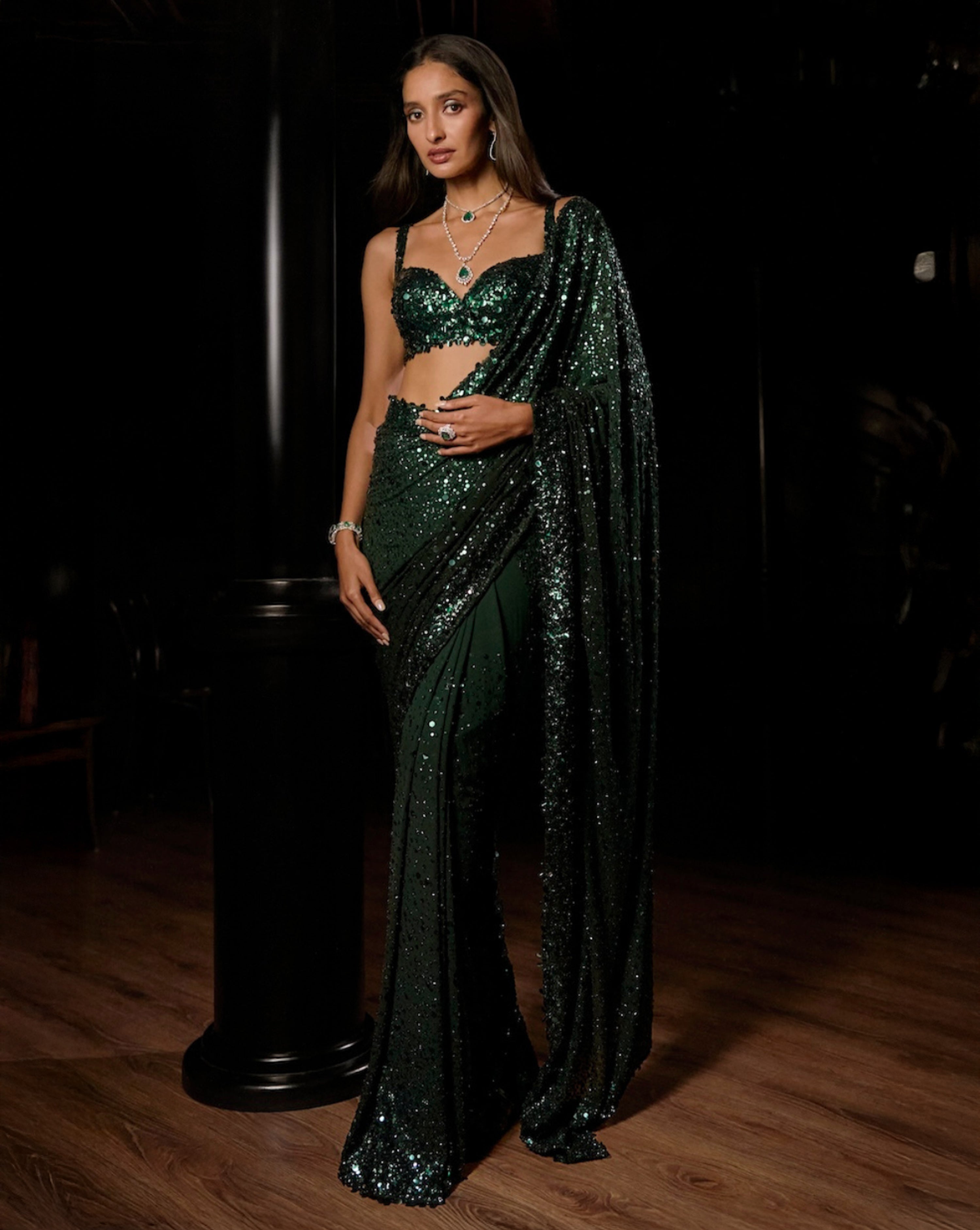 Emerald Green Ombre Sequin Georgette Saree