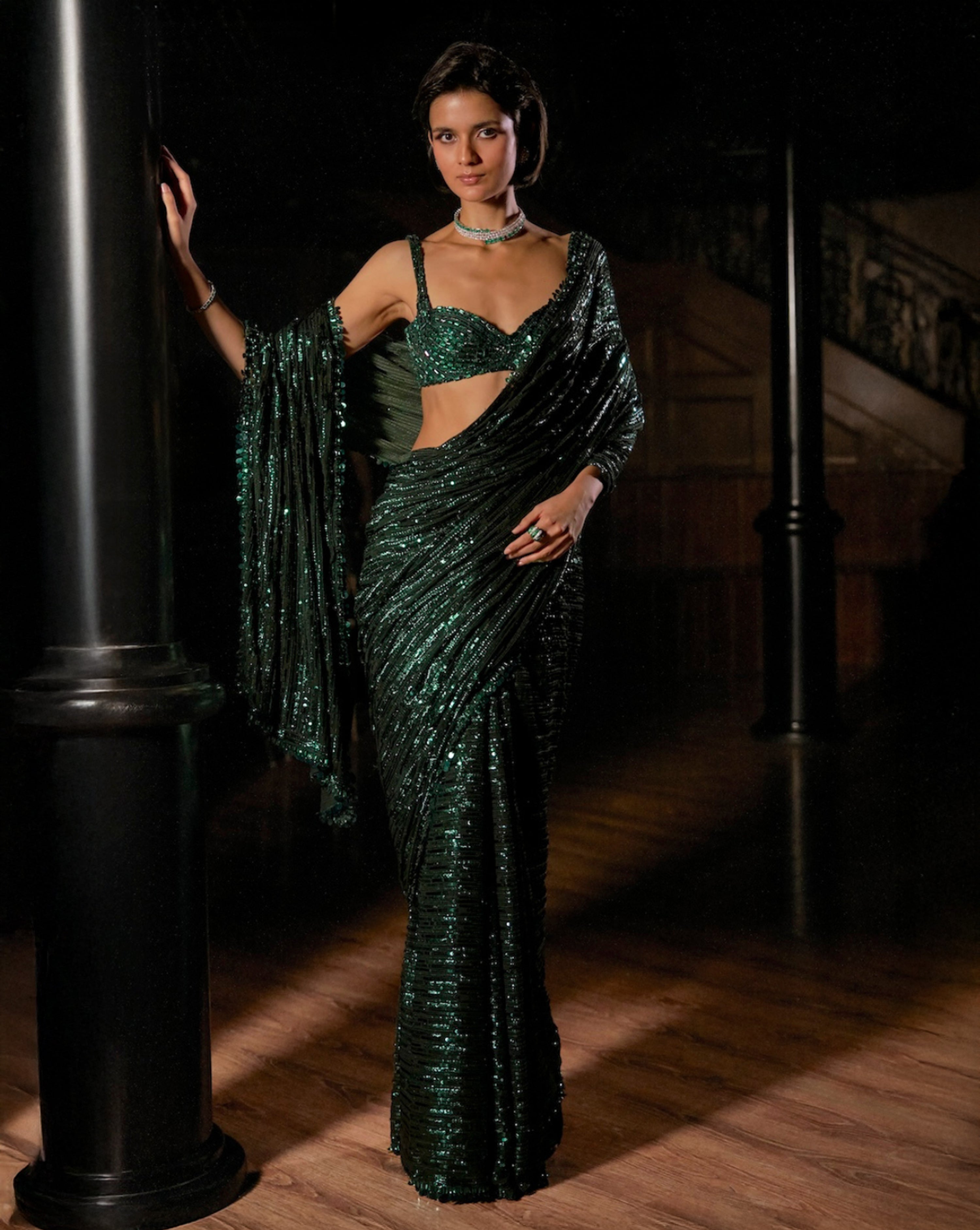 Emerald Green Sequin Georgette Saree