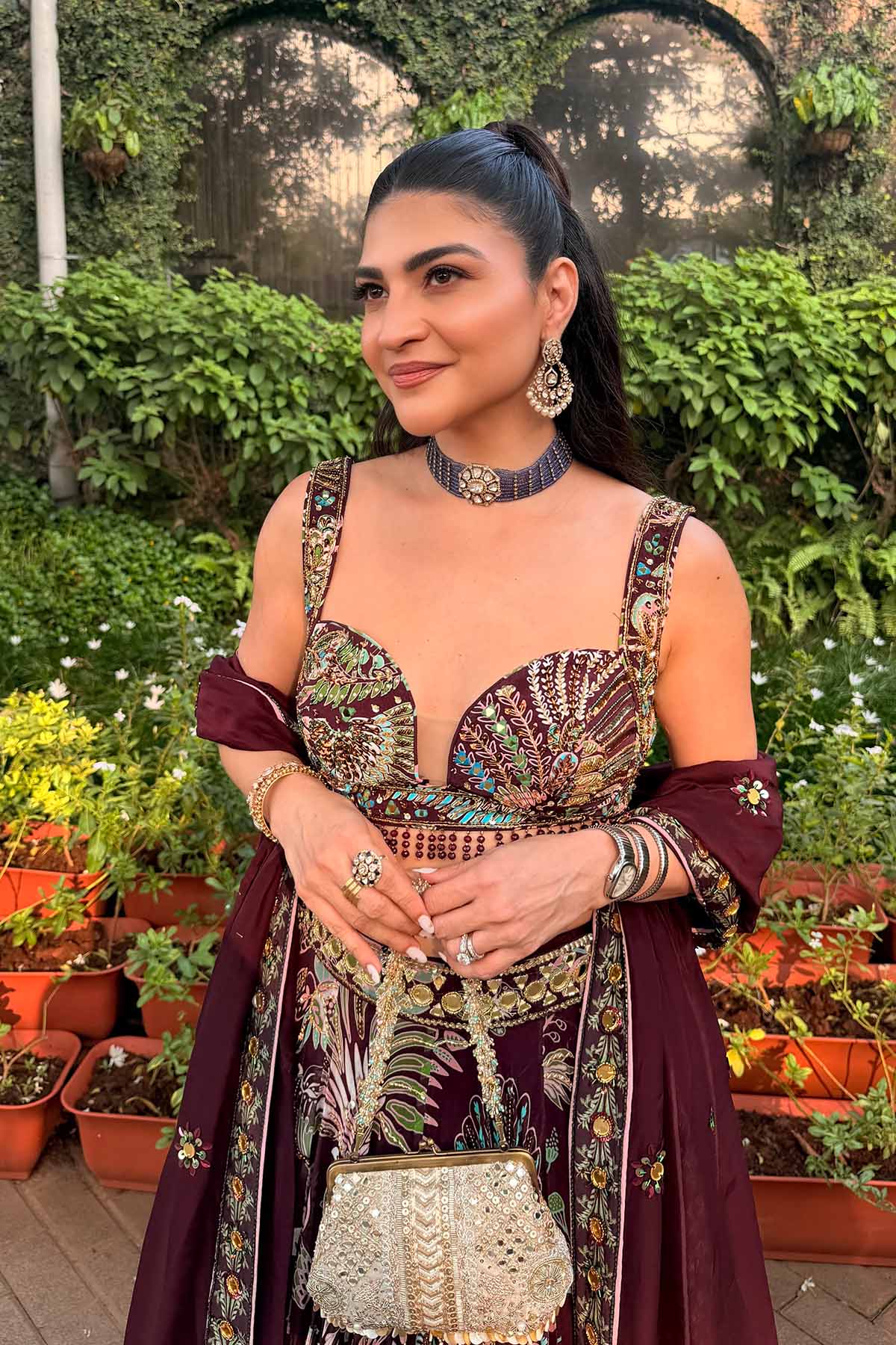 Kushnaaz Turner In Plum Printed And Highlighted Lehenga Set