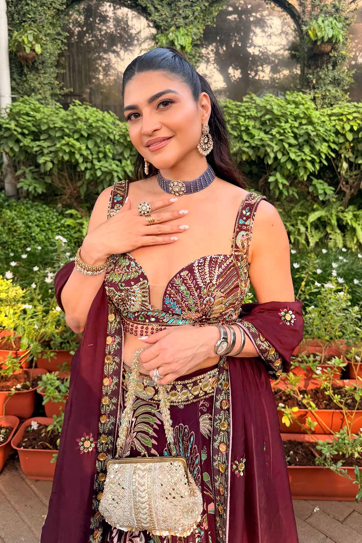 Kushnaaz Turner In Plum Printed And Highlighted Lehenga Set