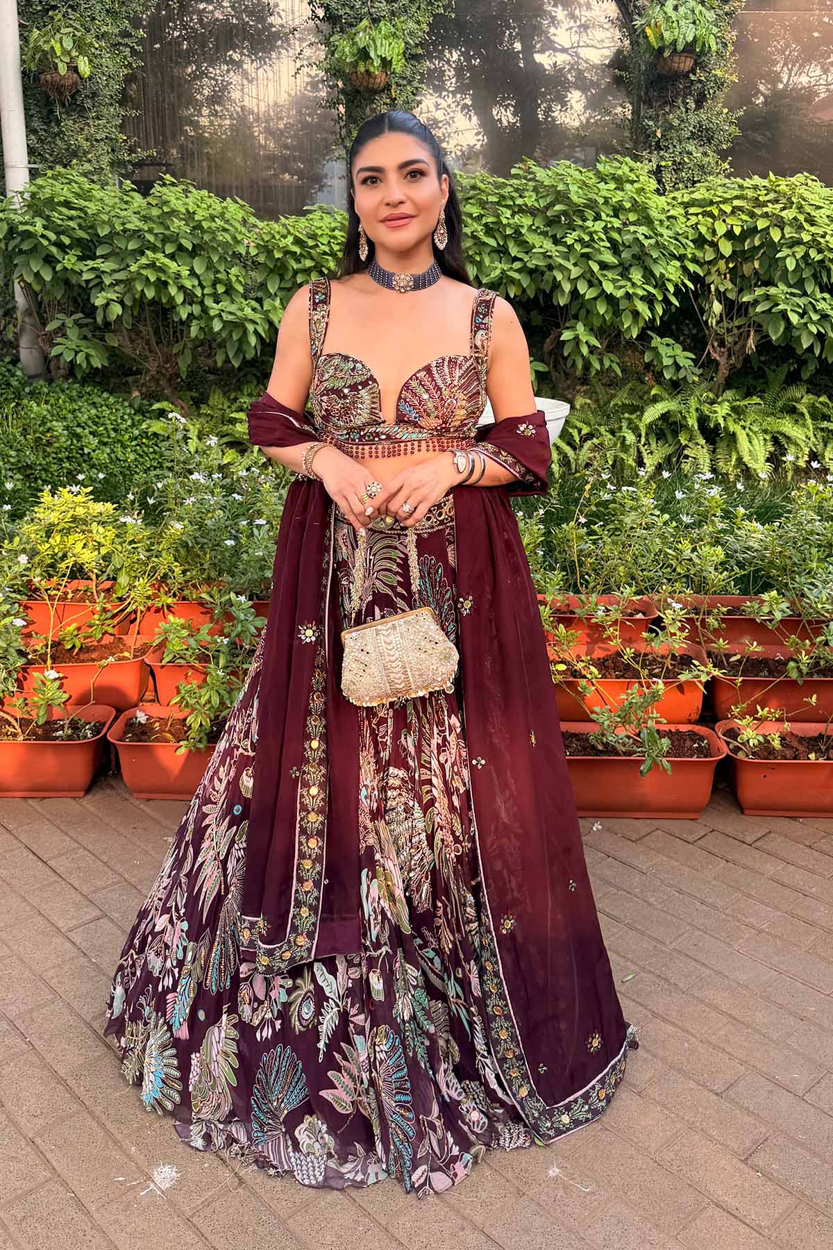 Kushnaaz Turner In Plum Printed And Highlighted Lehenga Set