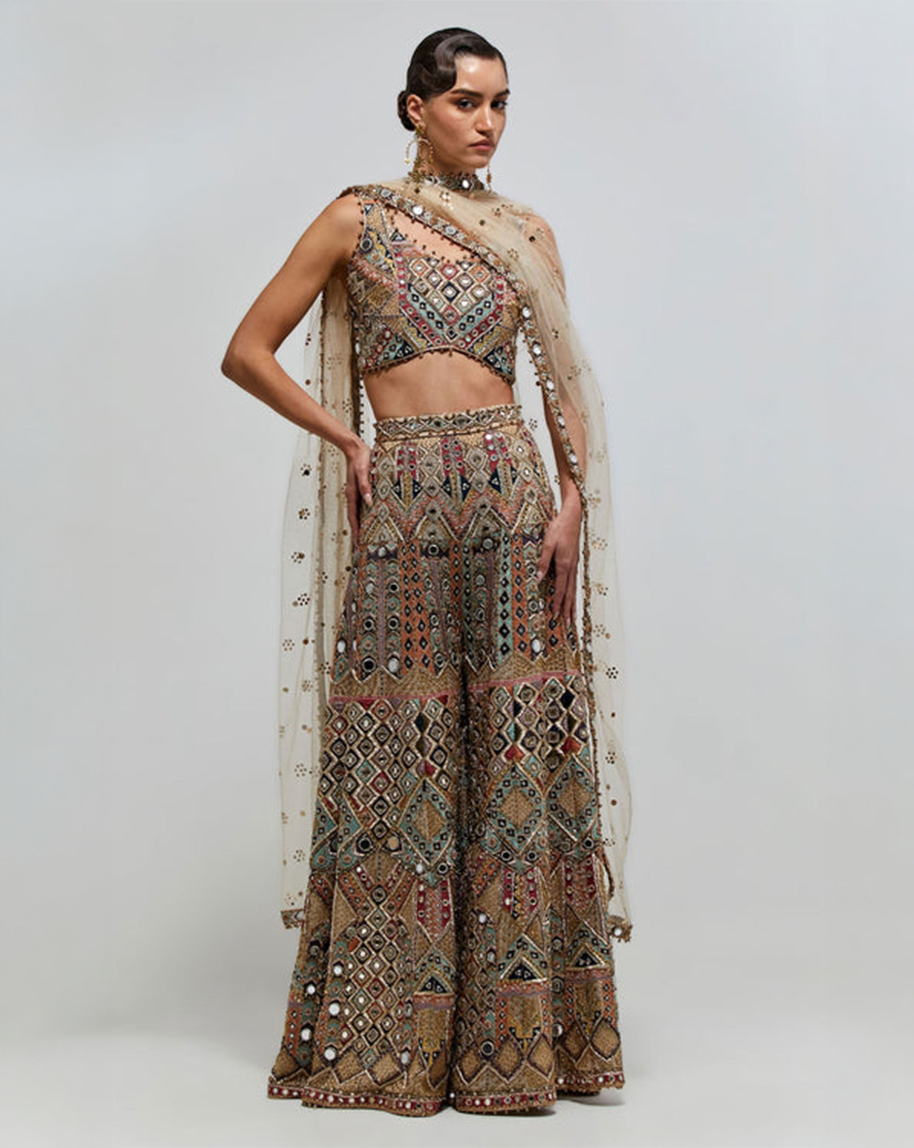 Fariha Champagne Georgette Embroidered Choli With Sharara And Mukaish Net Dupatta
