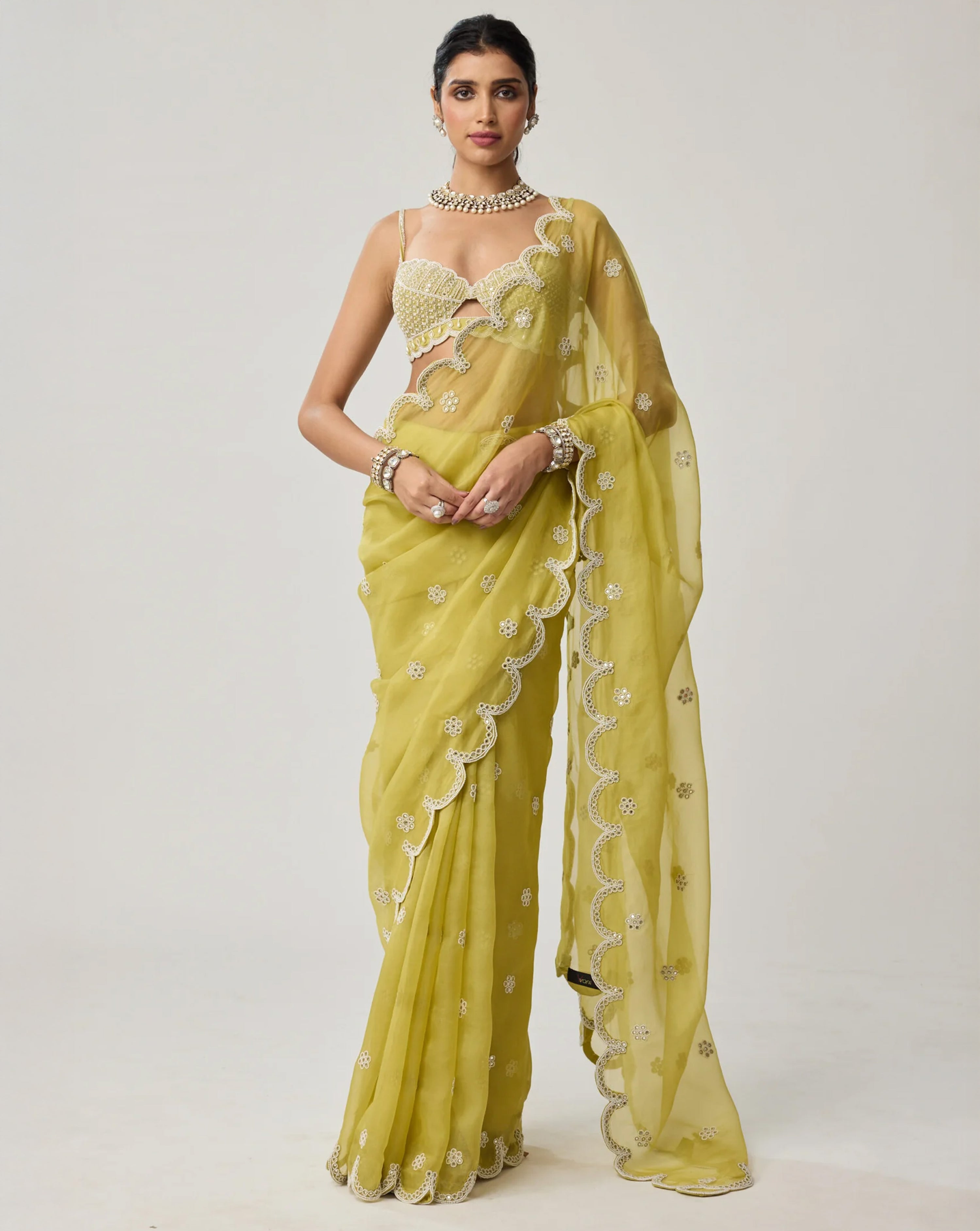 Fern Green Organza Mirror and Pearl Saree Set