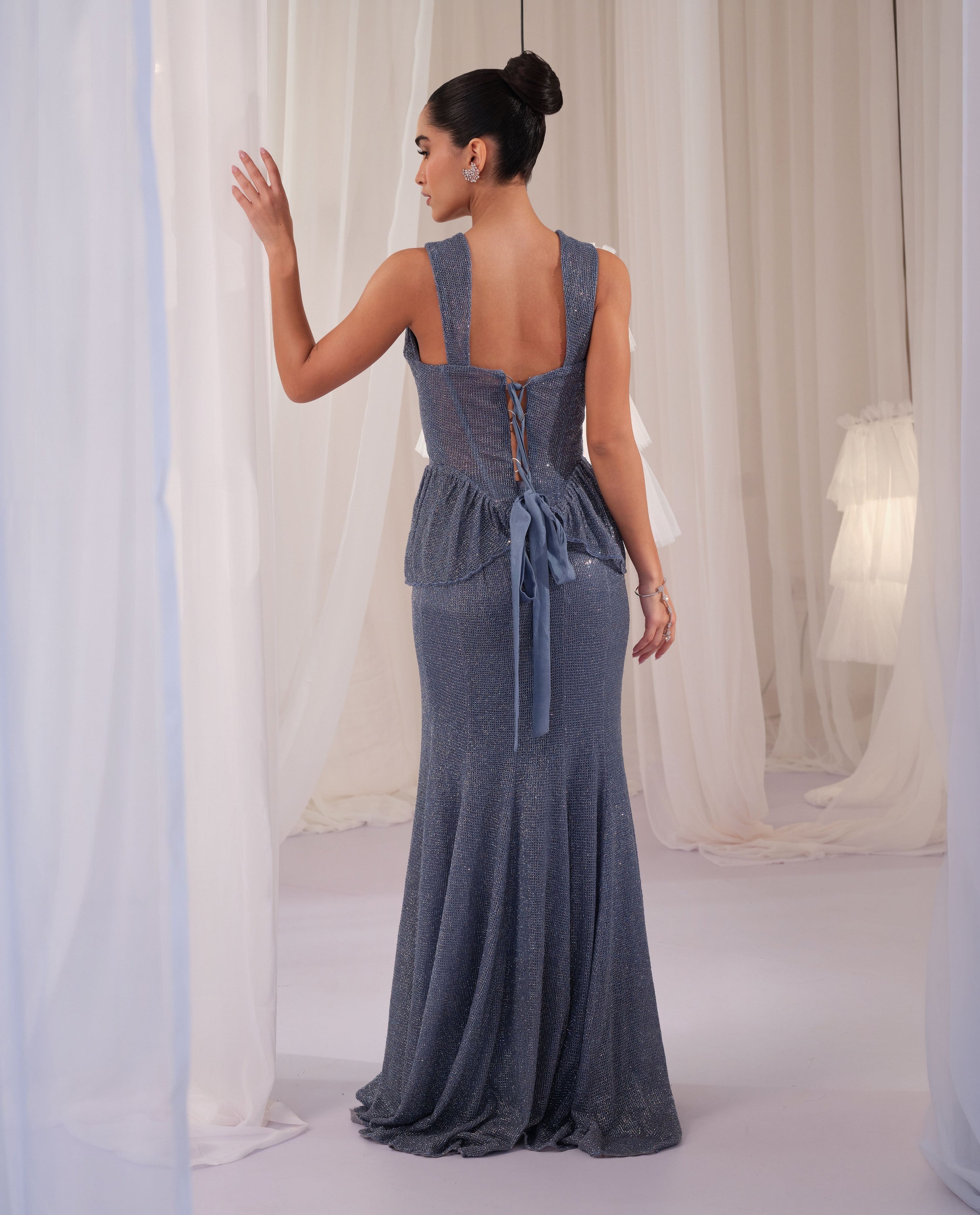 Frozen Blue Hand Embellished Corset With Skirt