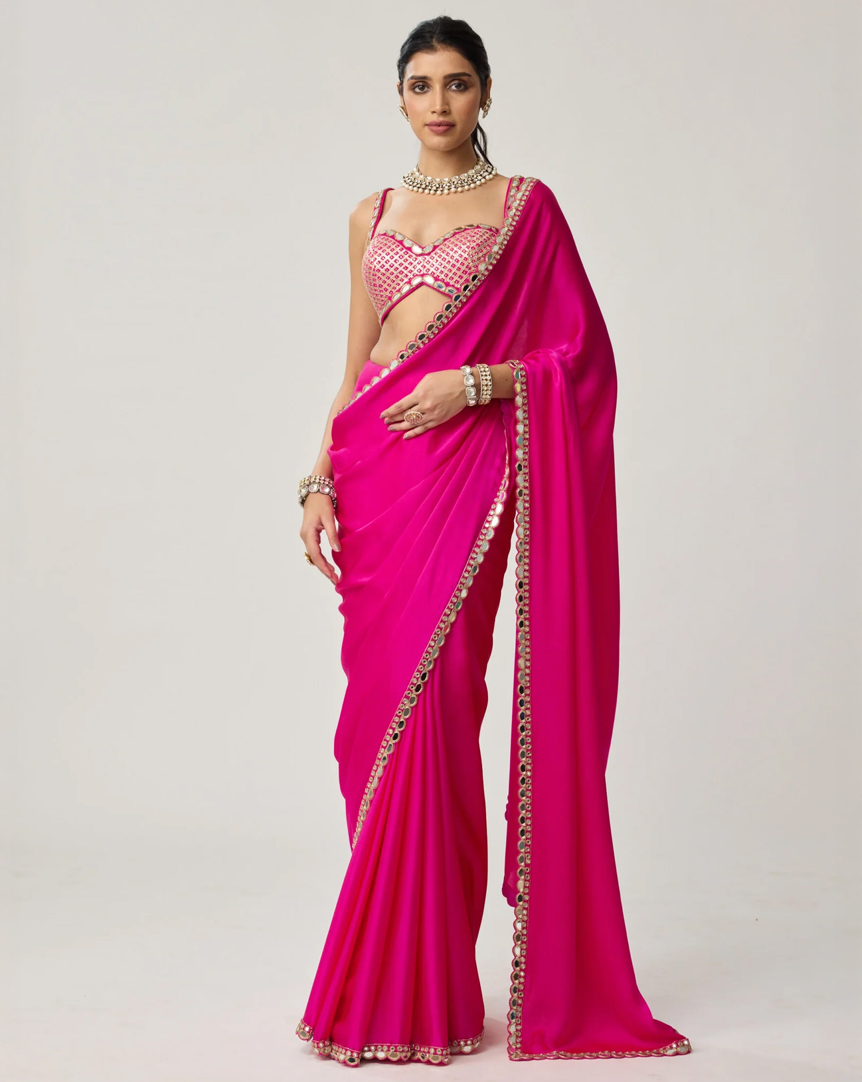 Fuchsia Pink Gota Mirror Saree Set