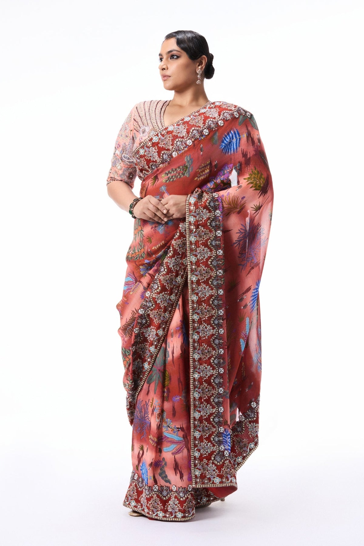Blushsong - Cantaloupe-Rust Printed Viscose Organza Saree