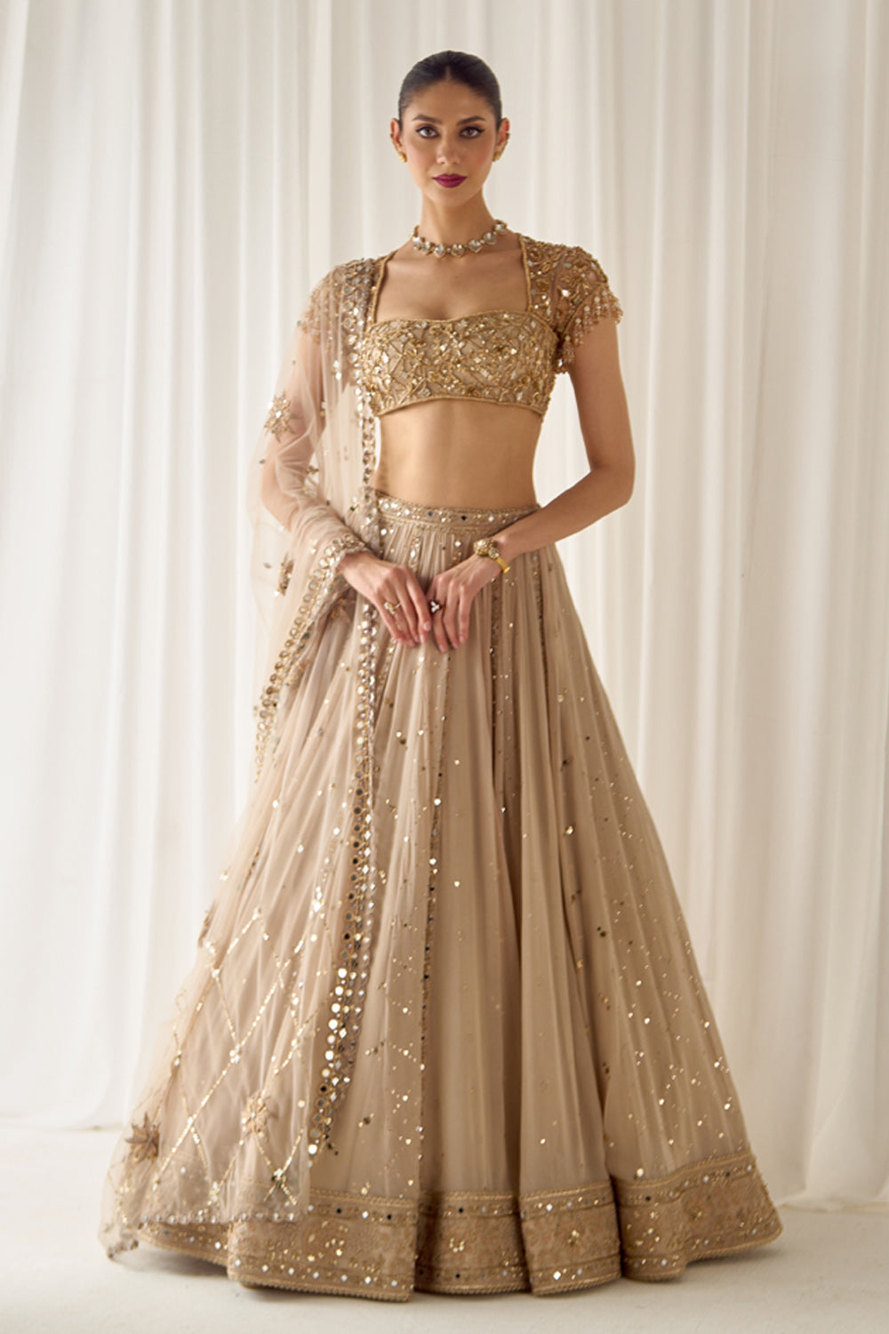 Beige Mukaish and Mirrorwork Lehenga Set