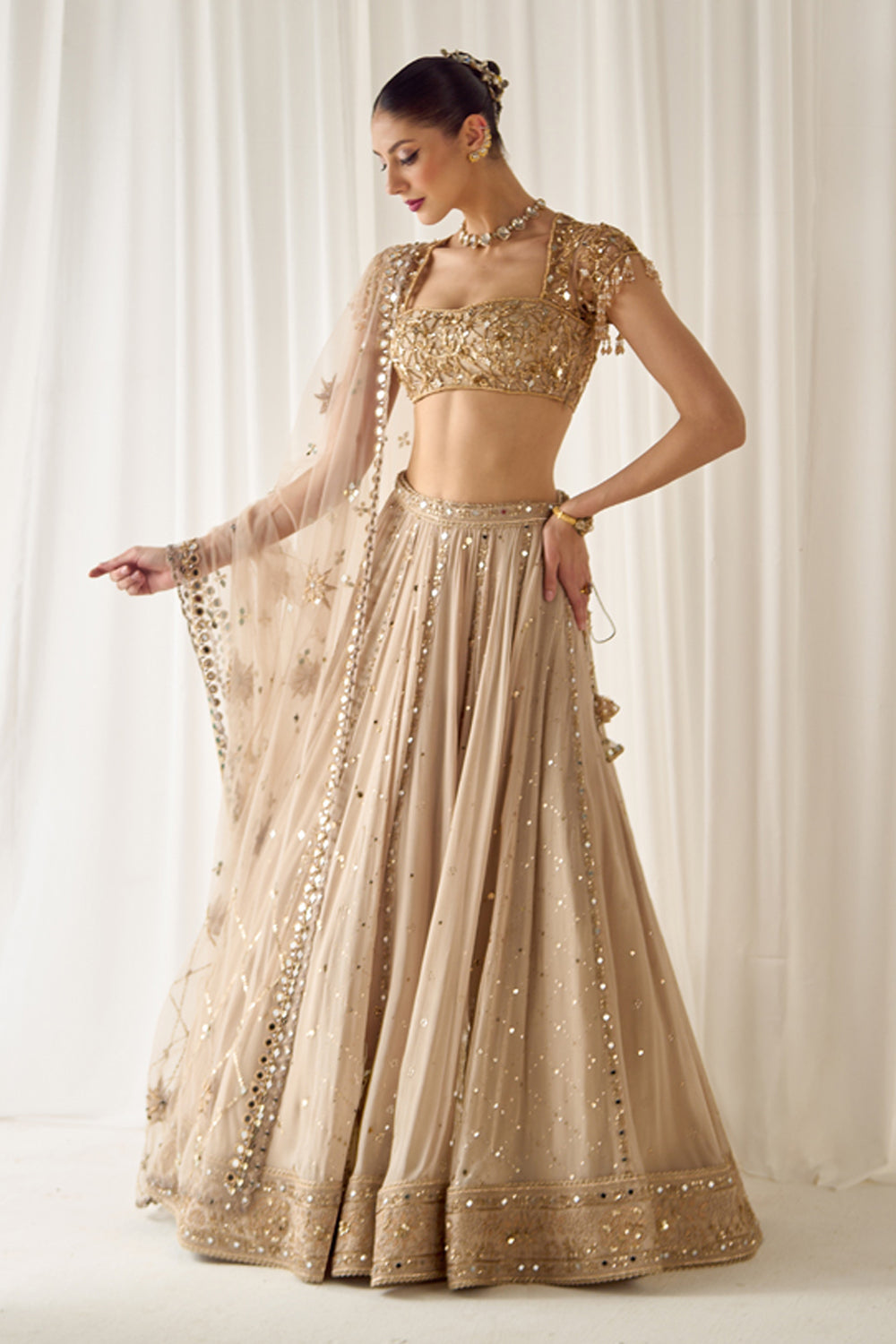 Beige Mukaish and Mirrorwork Lehenga Set
