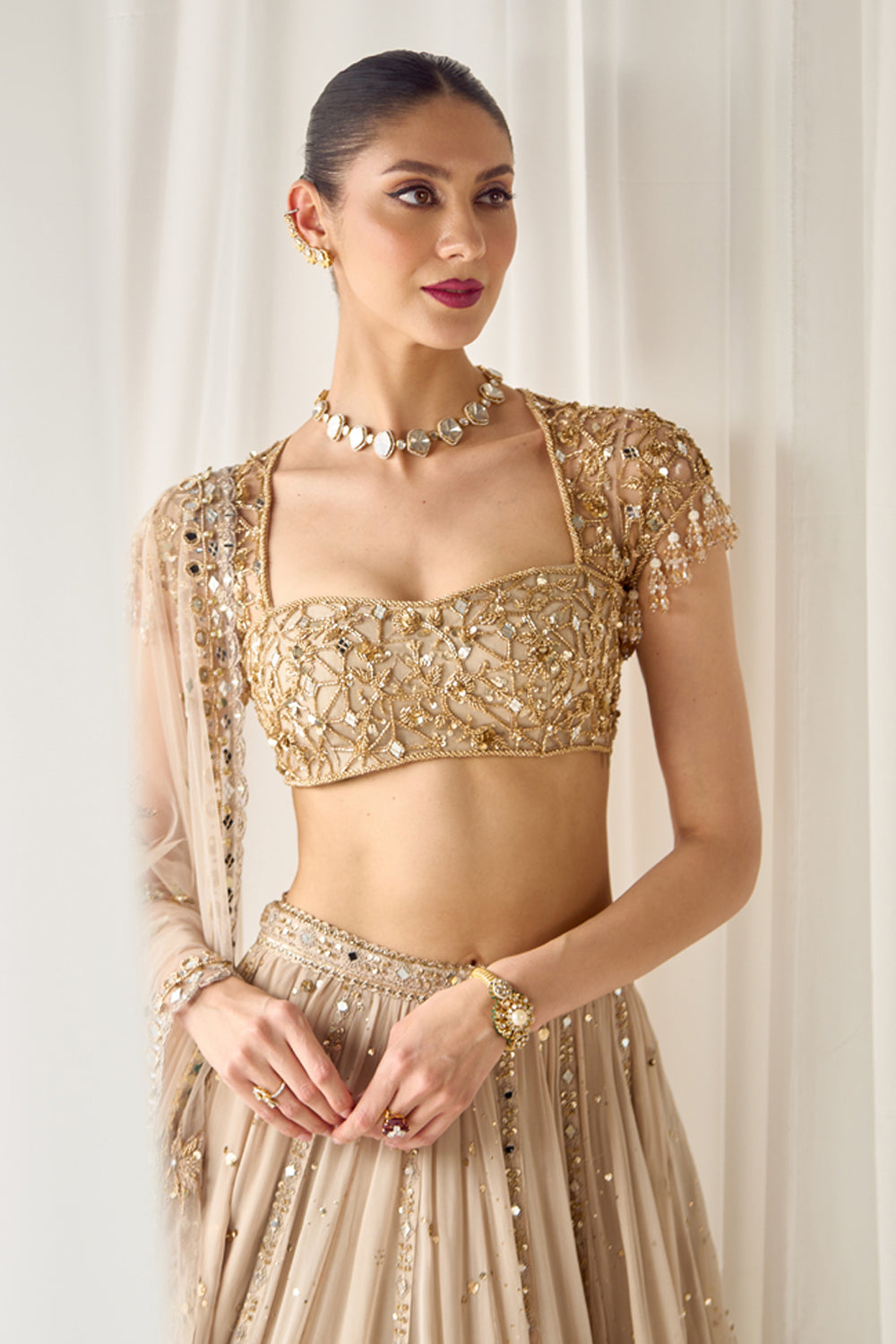 Beige Mukaish and Mirrorwork Lehenga Set