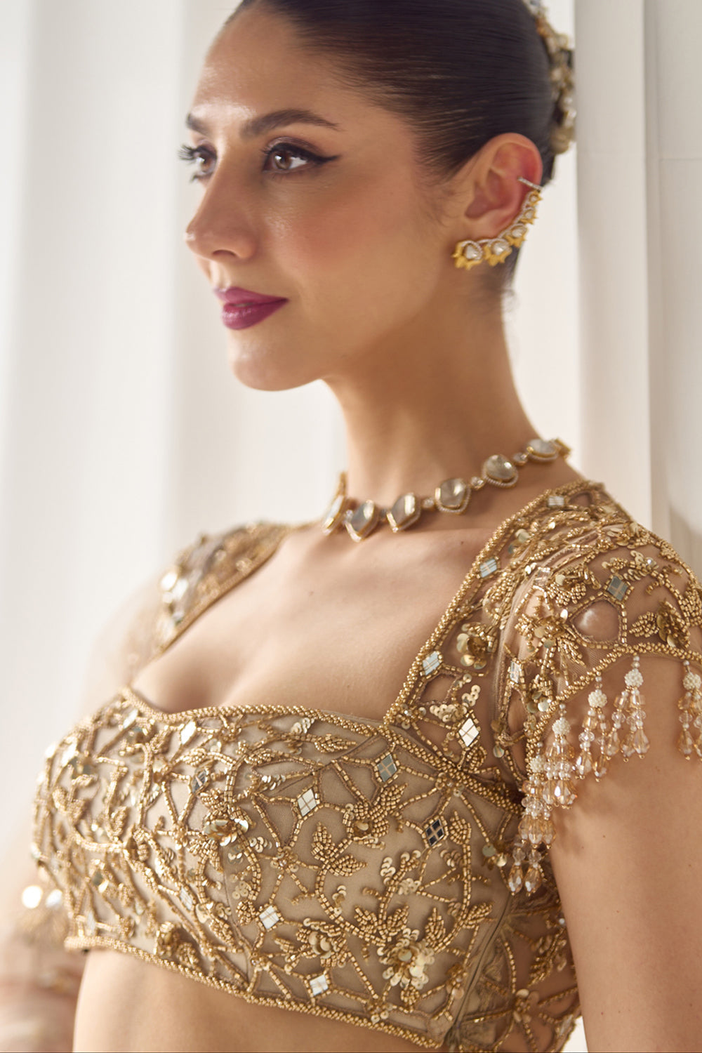 Beige Mukaish and Mirrorwork Lehenga Set